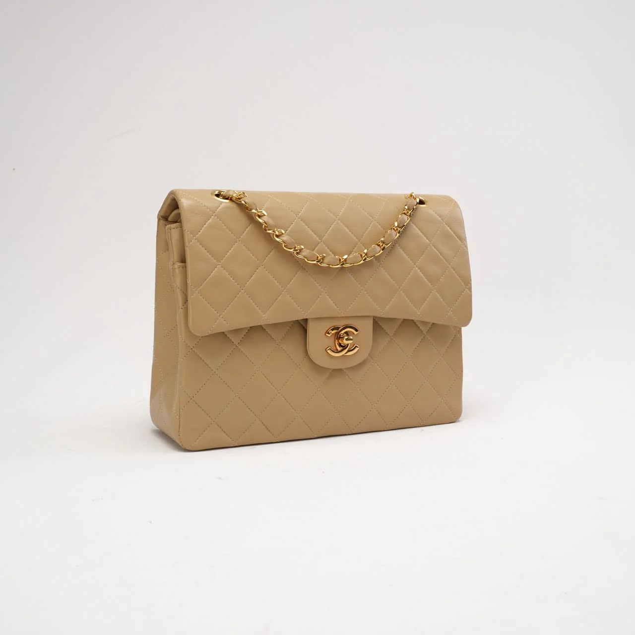 Sac Chanel Vintage Classic Double Rabat Moyen Beige 1991
