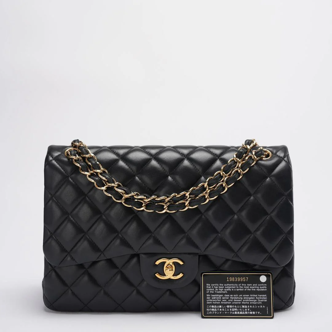Chanel Timeless Classic Flap  Bag Black Jumbo Quilted Leather Gold Hardware  Front