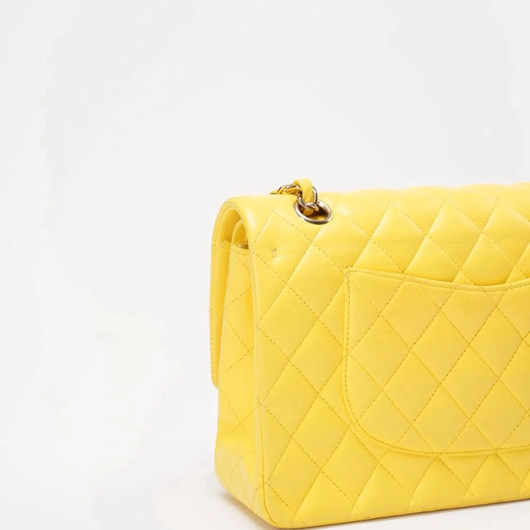 Chanel Yellow Lambskin Quilted Medium Double Flap Gold Hardware