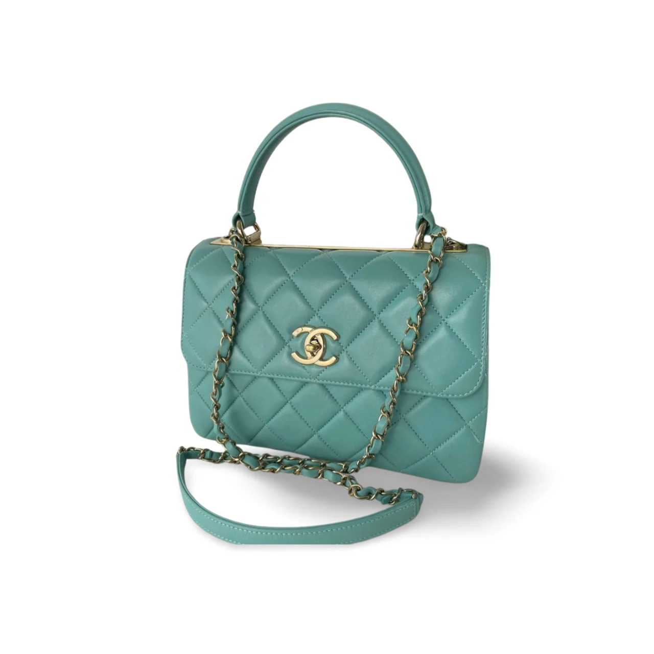 Chanel Small Trendy CC Bag in Light Green Lambskin Leather with Gold Hardware side