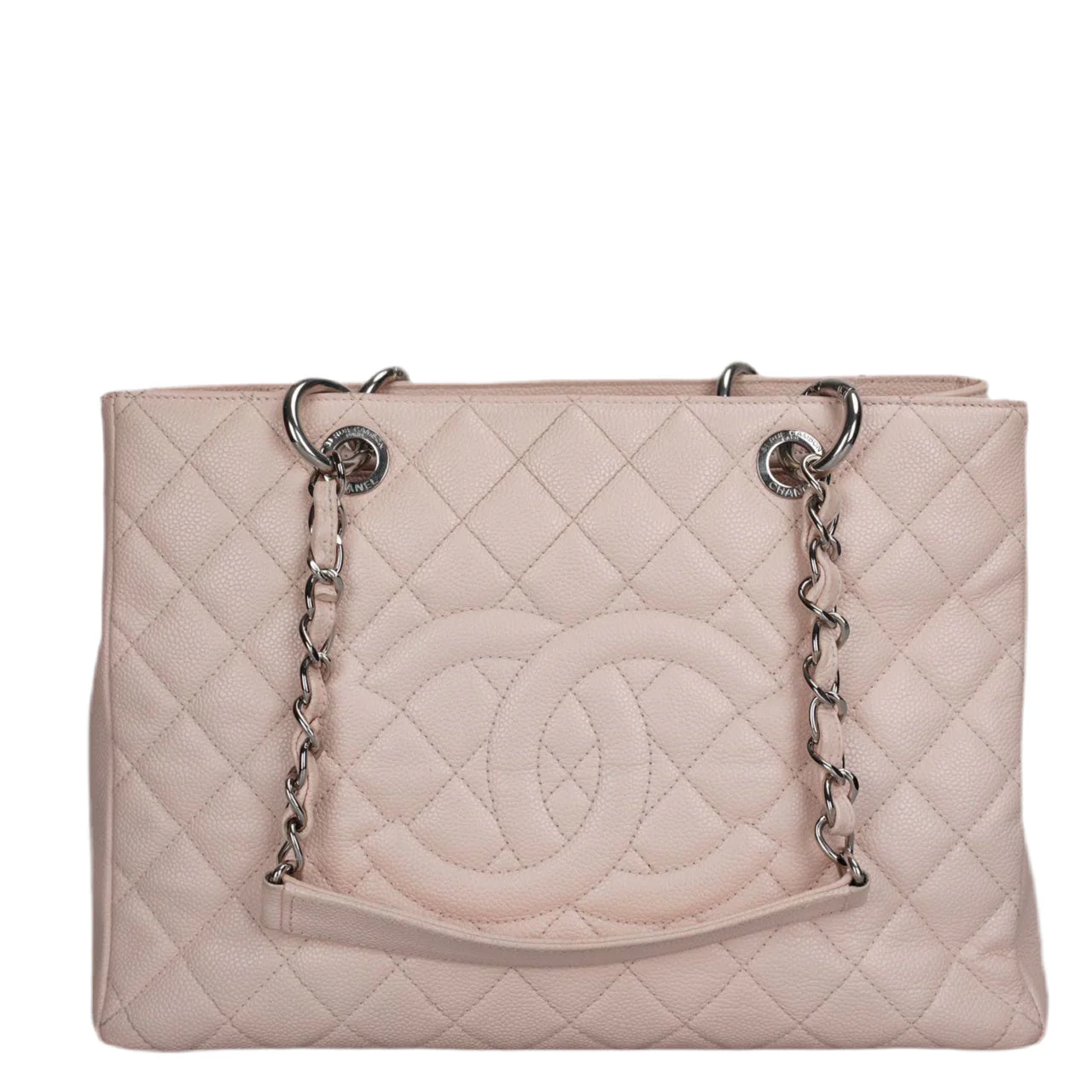 used-Chanel cherry blossom pink Grand Shopping Tote GST Bag in Caviar Leather with Silver Hardware-MILOURA
