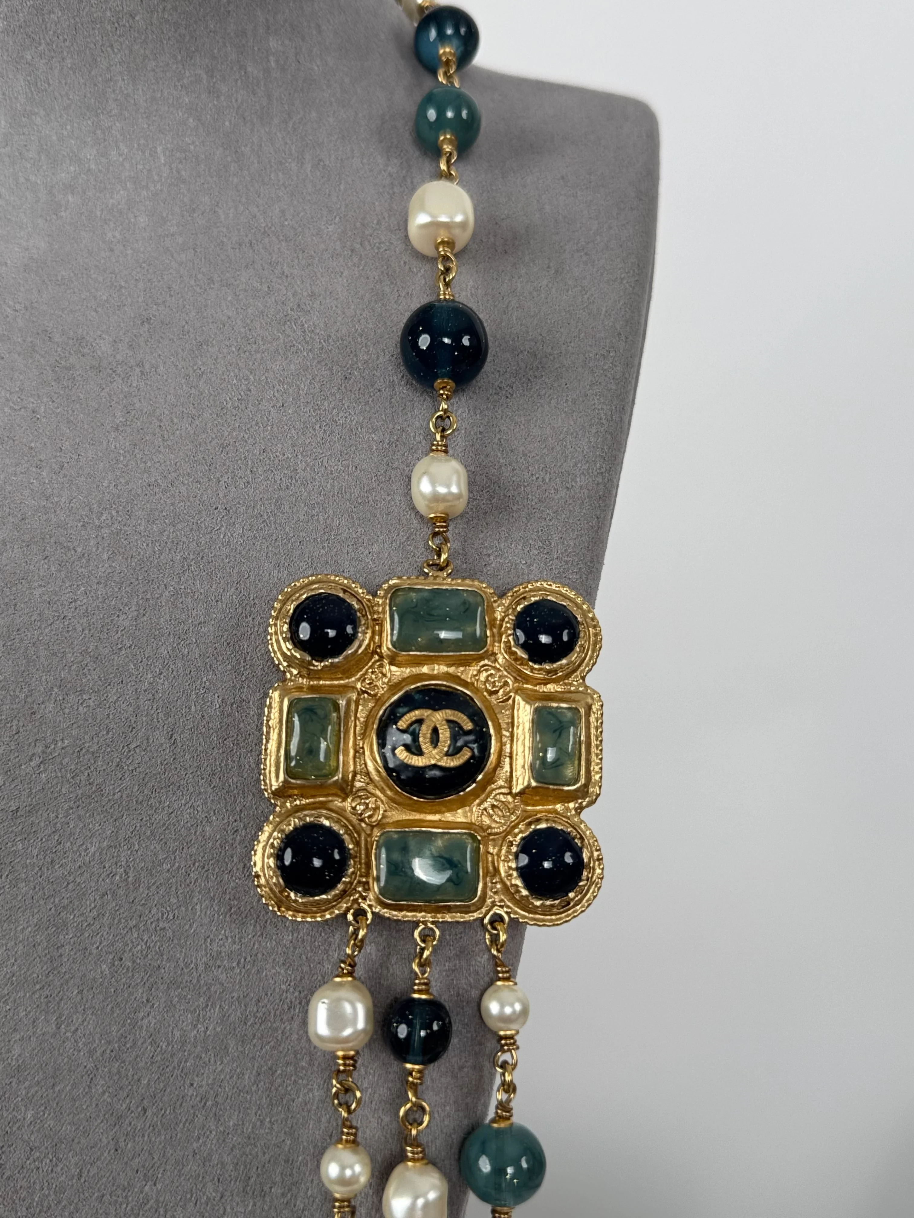 used-Chanel Blue and White Multi-Beads with Two Gold Cabochons Necklace from 2011 collection-MILOURA