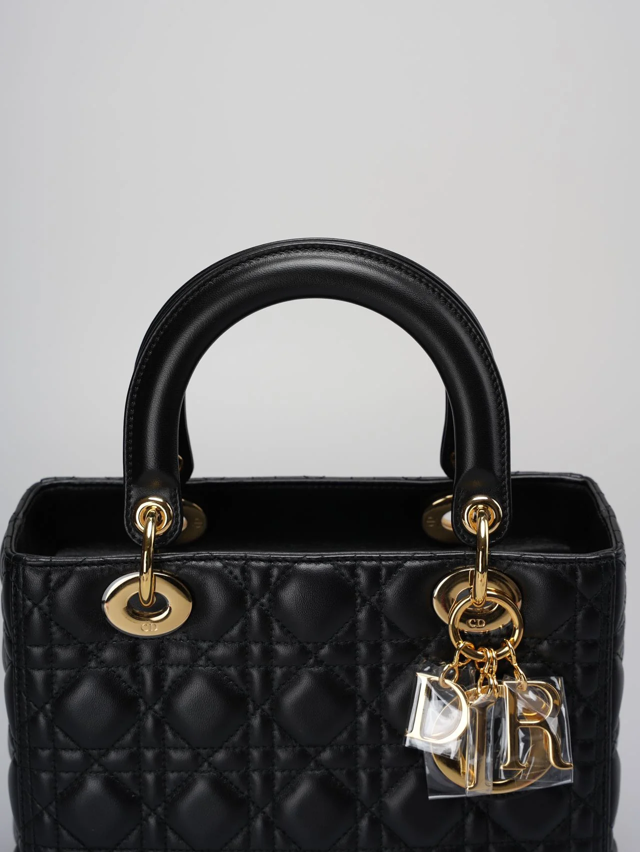 used-Christian Dior Black Lady Dior Bag Medium in Cannage Lambskin Leather with Gold Hardware-MILOURA