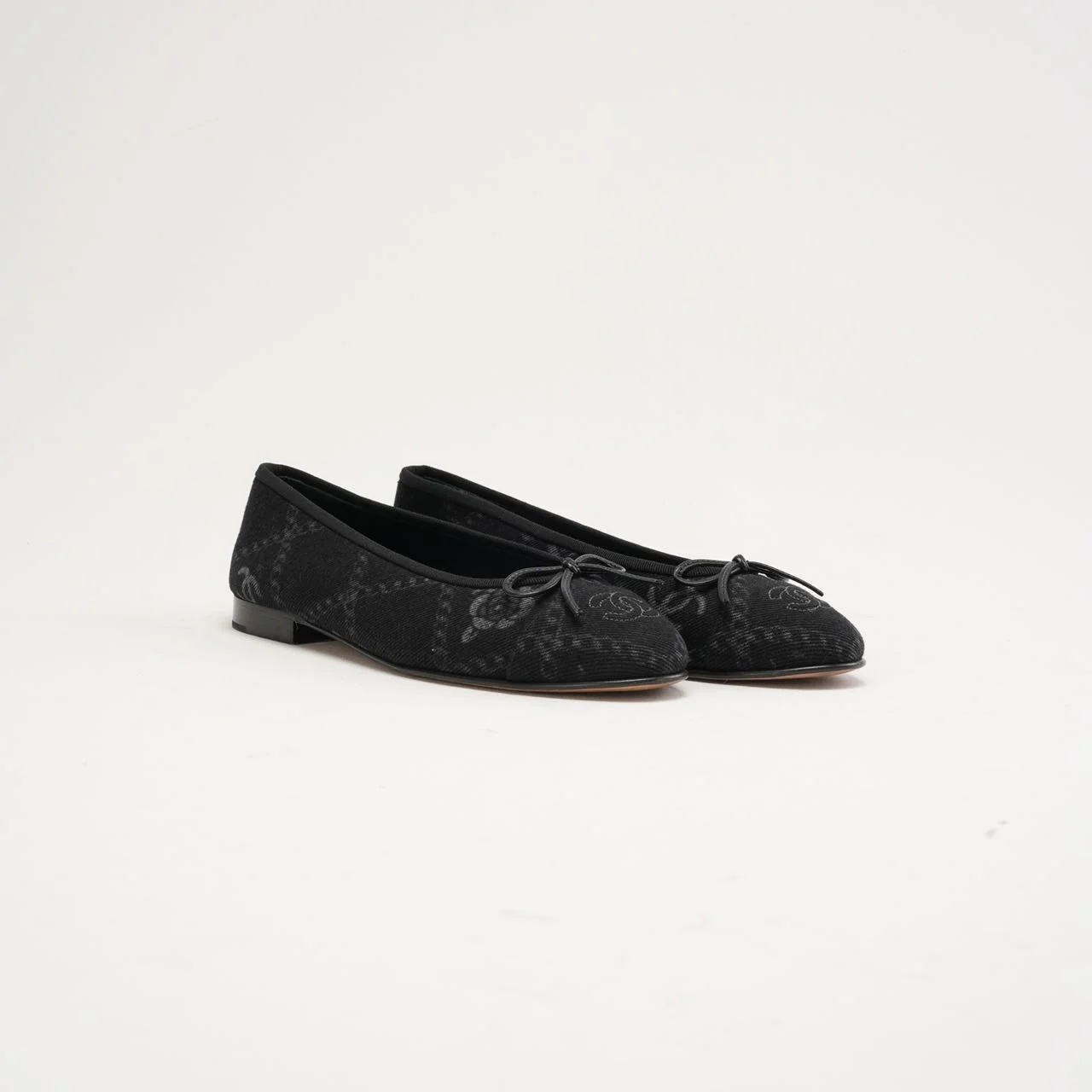 Chanel Black Printed Denim CC Cap Toe Ballet Flats 37.5