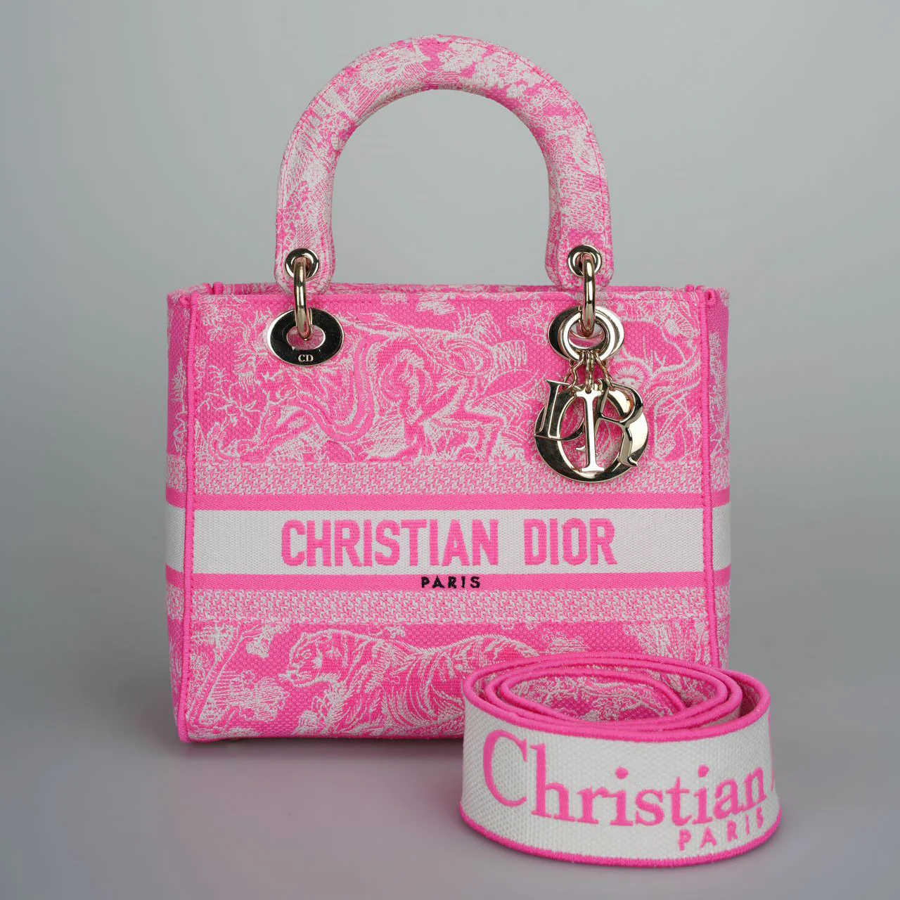 used-Christian Dior Canvas Toile De Jouy Reverse Embroidered Medium Lady D-Lite in Fluorescent Pink-MILOURA