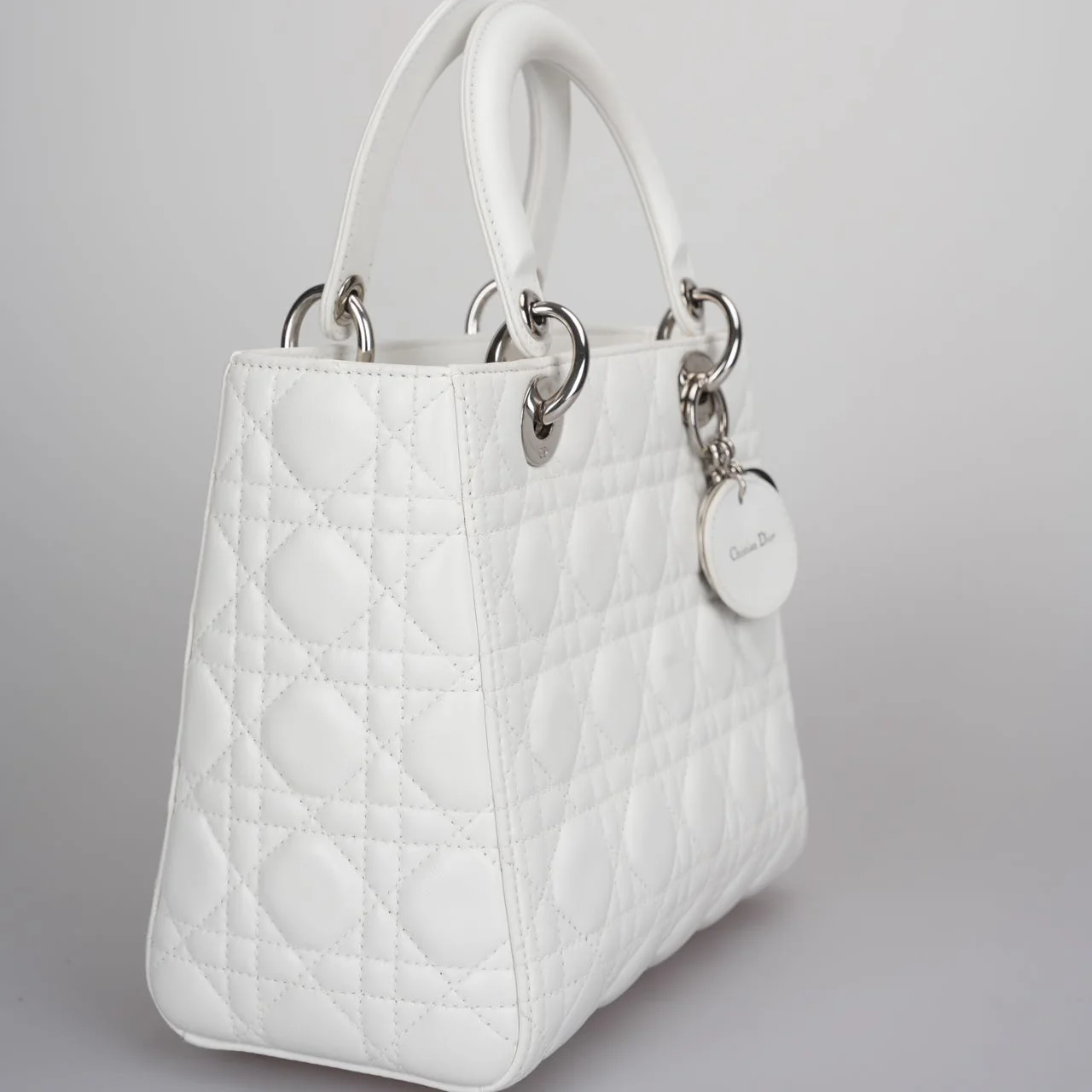 used-Christian Dior White Medium Lady Dior Bag in Cannage Lambskin Leather with Silver Hardware-MILOURA