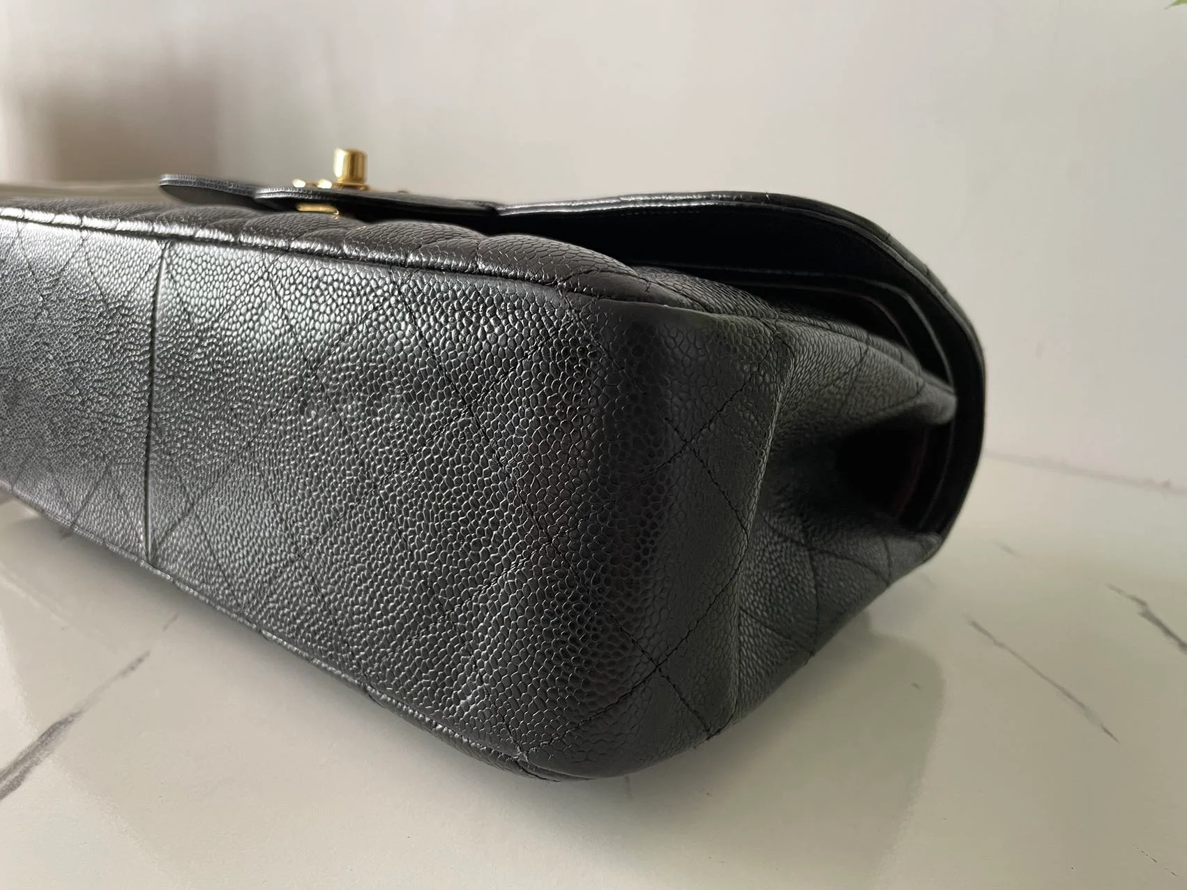 used-Chanel Black Jumbo Classic Double Flap Bag Caviar Leather with Gold Hardware-MILOURA