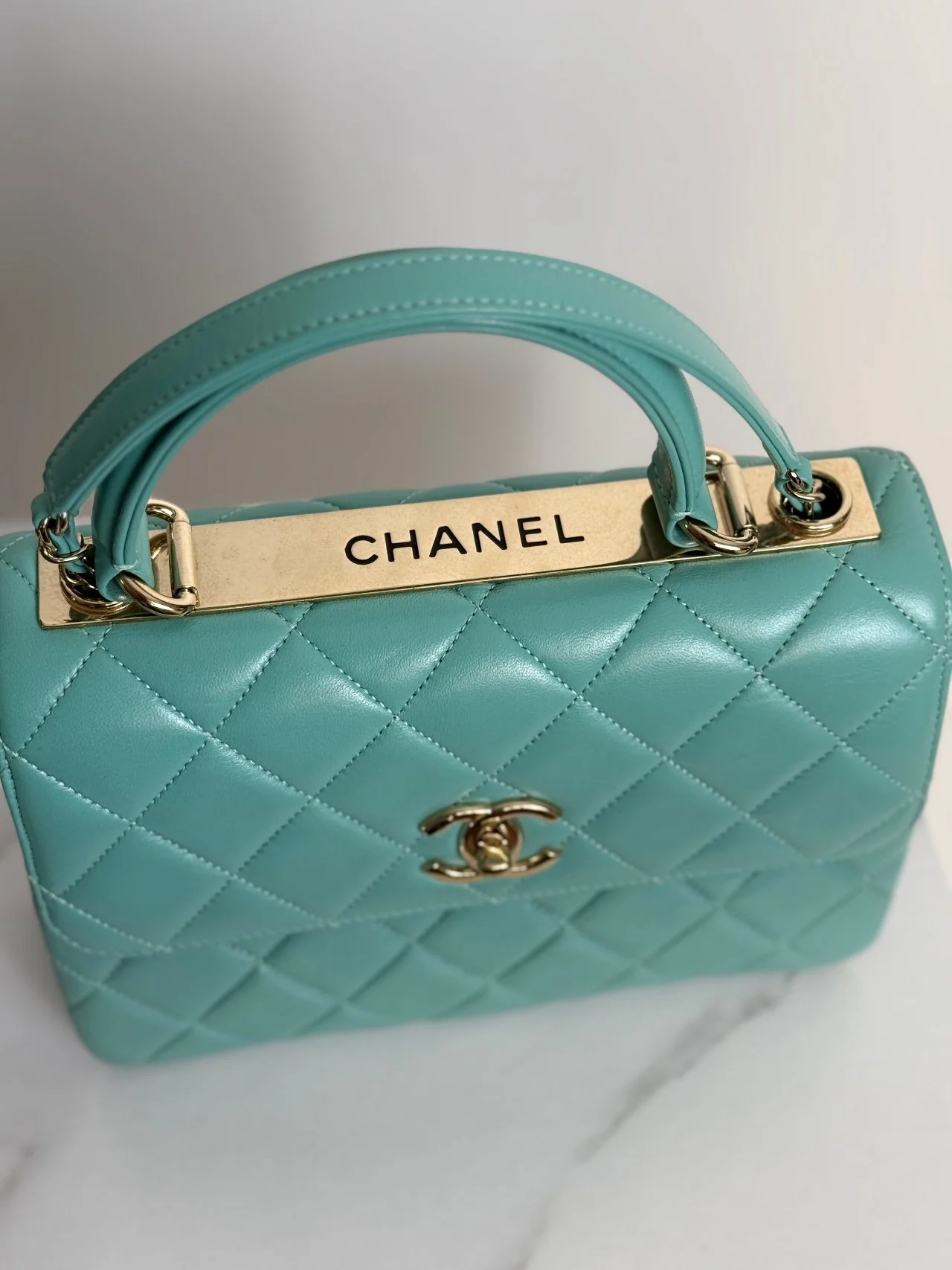 used-CHANEL Small Trendy CC Bag in Tiffany Blue with Gold Hardware-MILOURA
