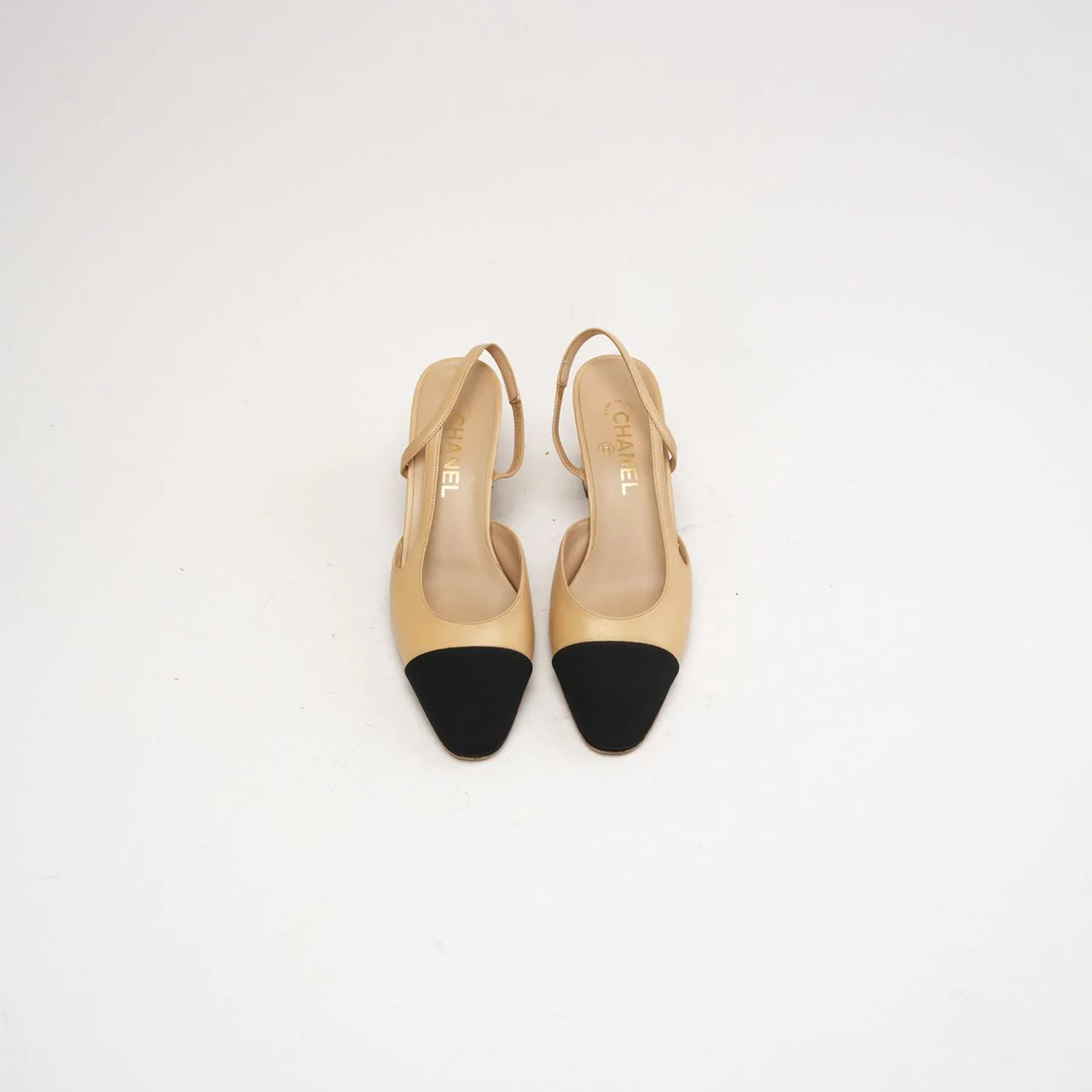 Chanel Beige /Black Cap Toe CC Slingback Pumps Size 39