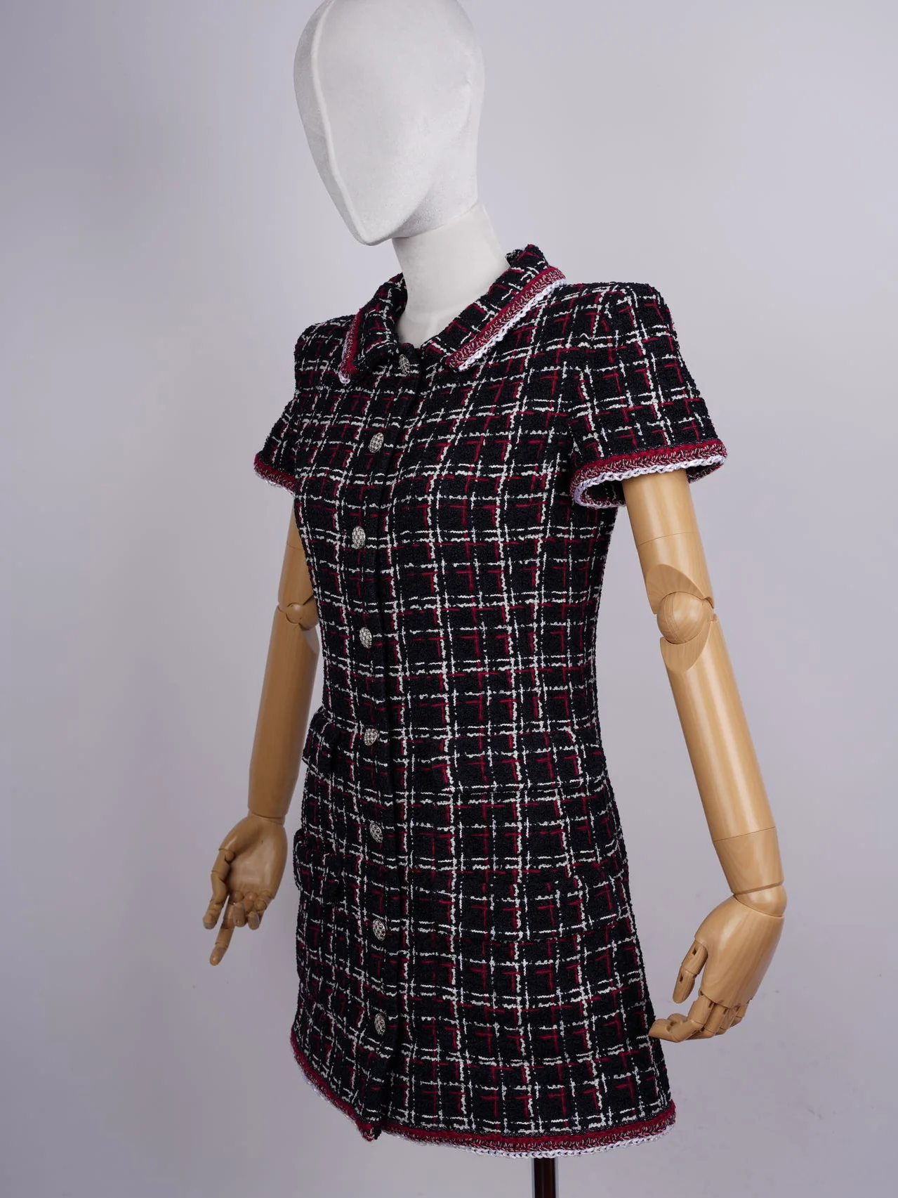 used-Chanel Checkered Tweed Short Sleeve Mini Dress Size 36 in Blue/Red-MILOURA