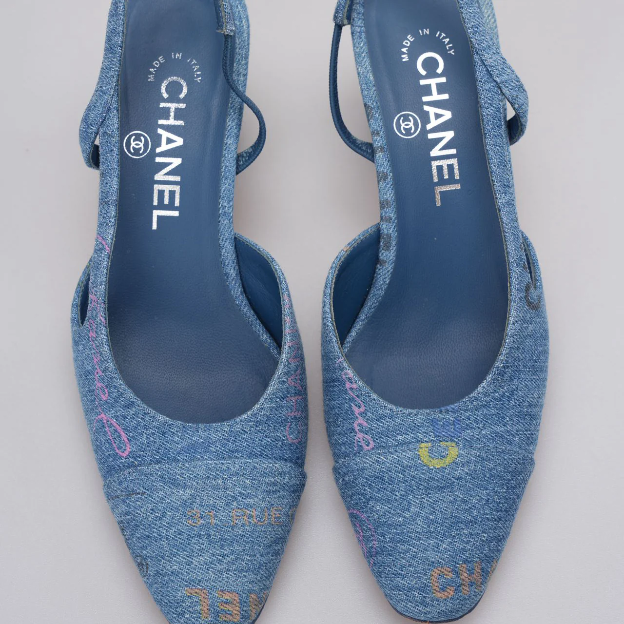 Chanel Denim Cap Toe CC Slingback Pumps – Light Blue & Multicolor, Size 36.5