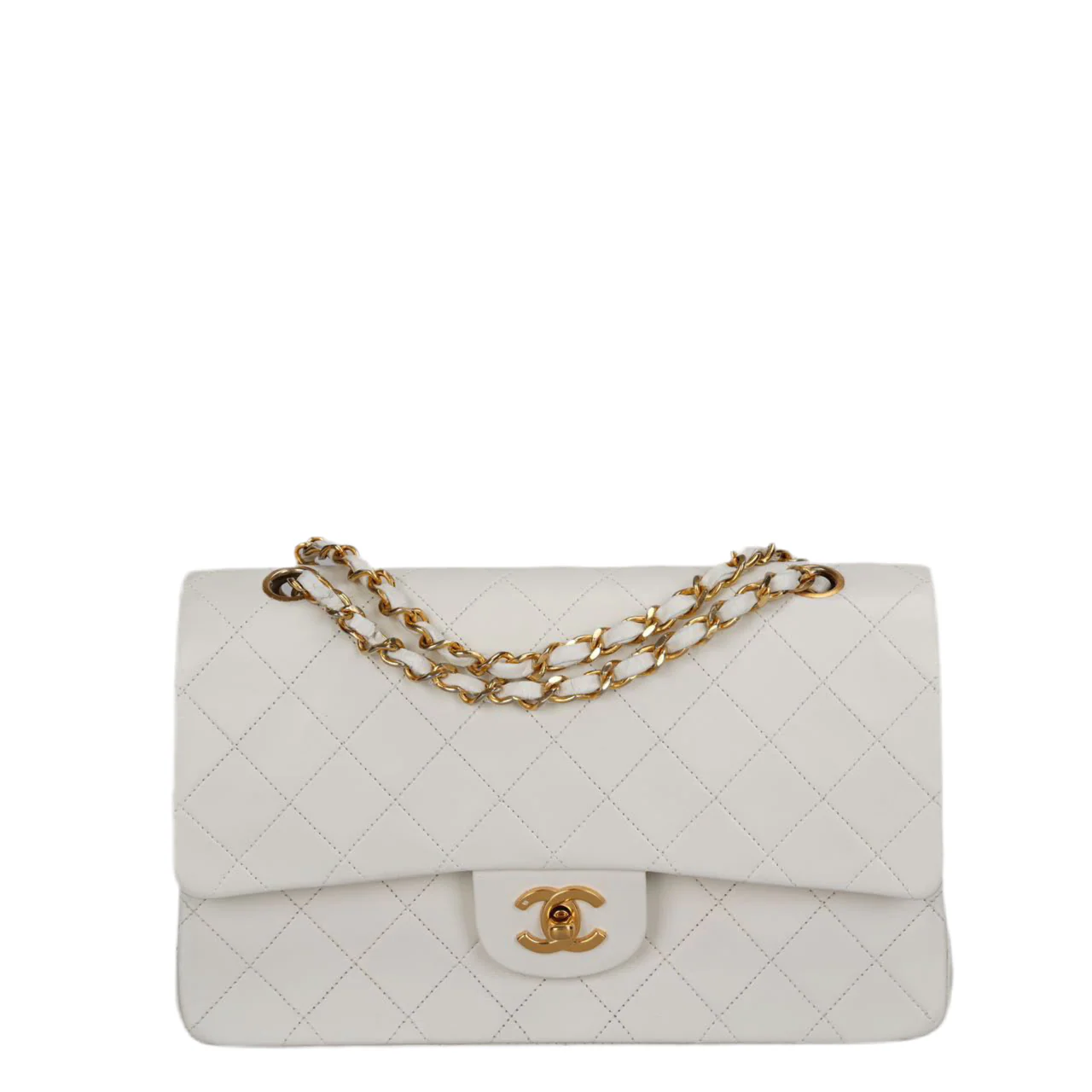 used-Chanel Vintage Small Timeless Classic Double Flap Bag in White Quilted Leather-MILOURA