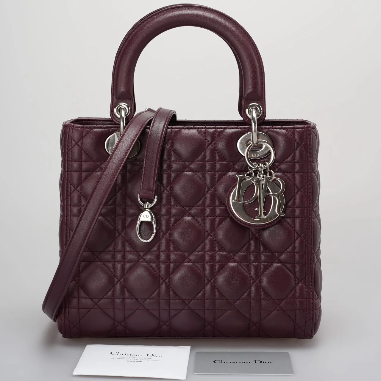 used-Christian Dior Burgundy Lady Dior Bag in Cannage Lambskin Leather with Silver Hardware Medium-MILOURA