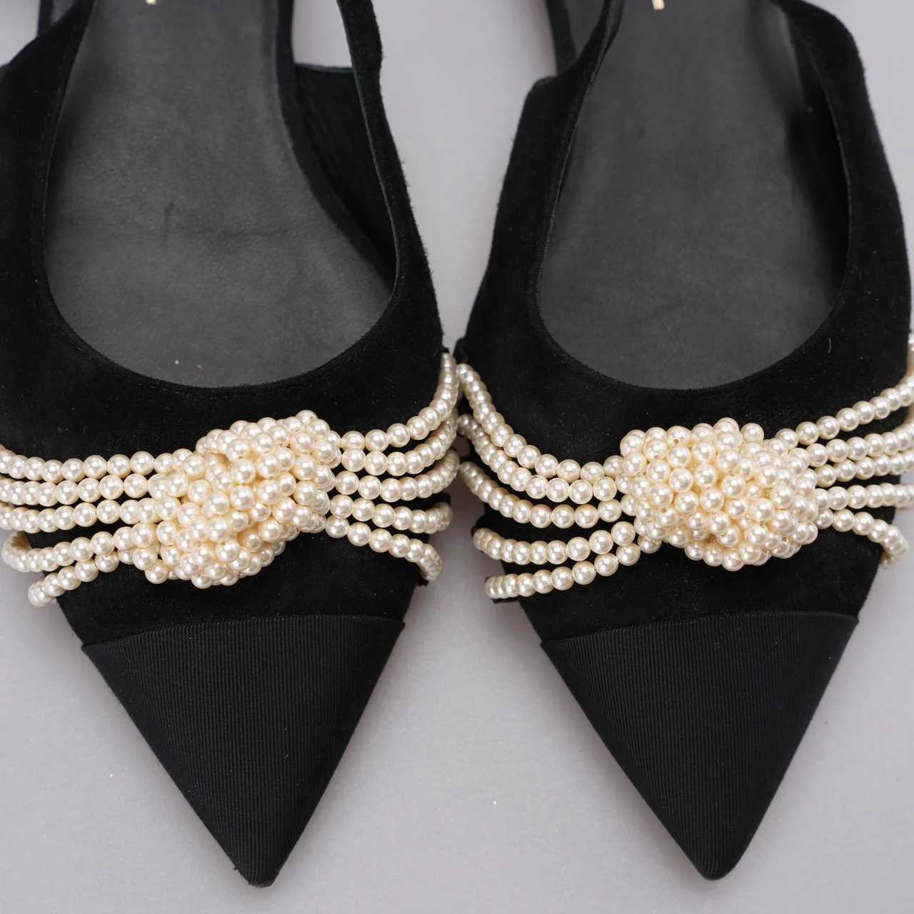 used-Chanel Slingback Satin Pearl Flats Black Size 37.5-MILOURA