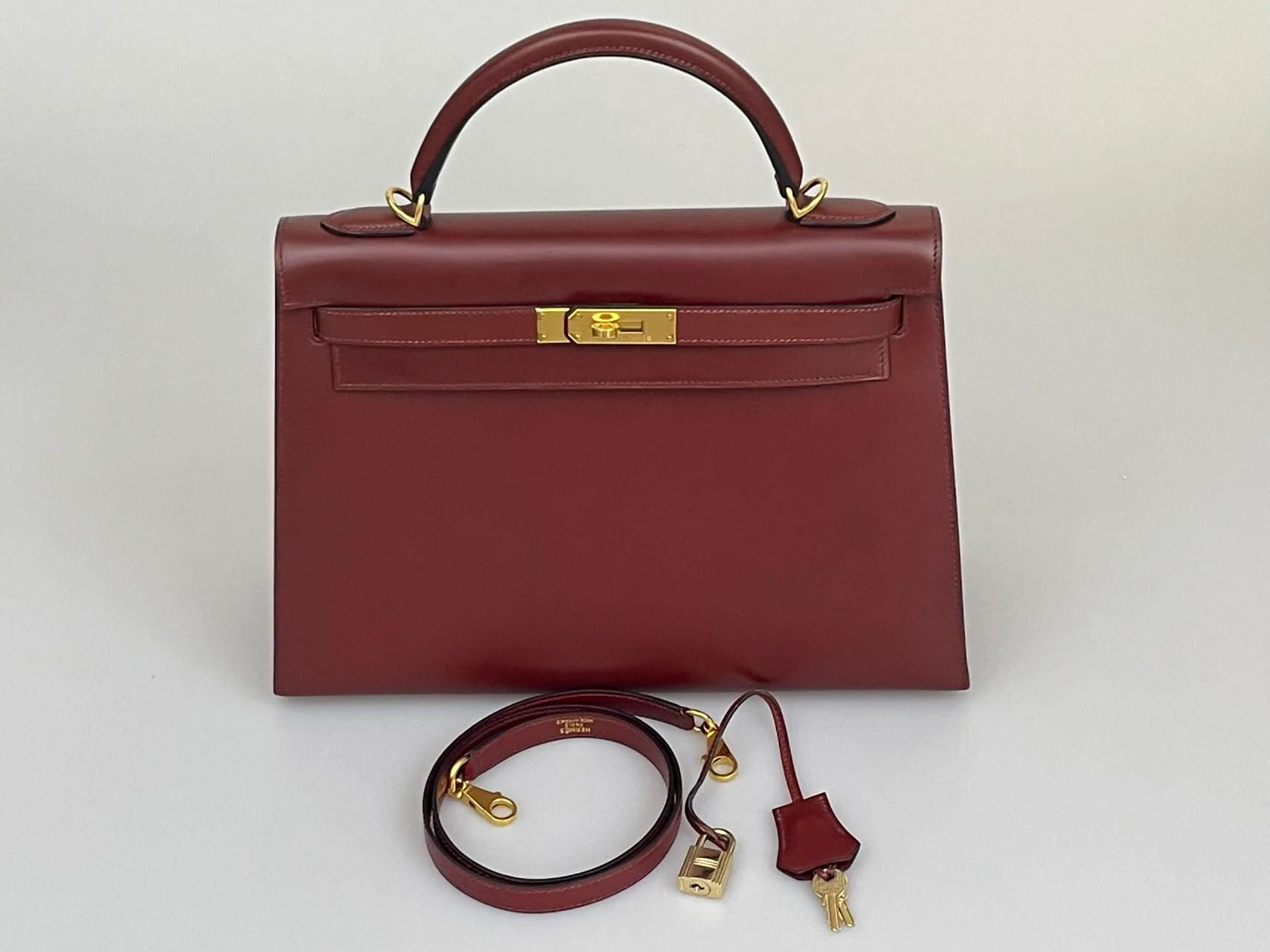 Hermes Kelly 32 Sellier Bag In Burgundy Box Leather With Gold Hardware from 2004