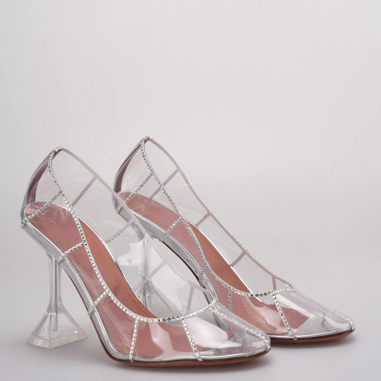 Amina Muaddi Silver Crystal Embellished PVC Kitty Glass Pumps Size 38