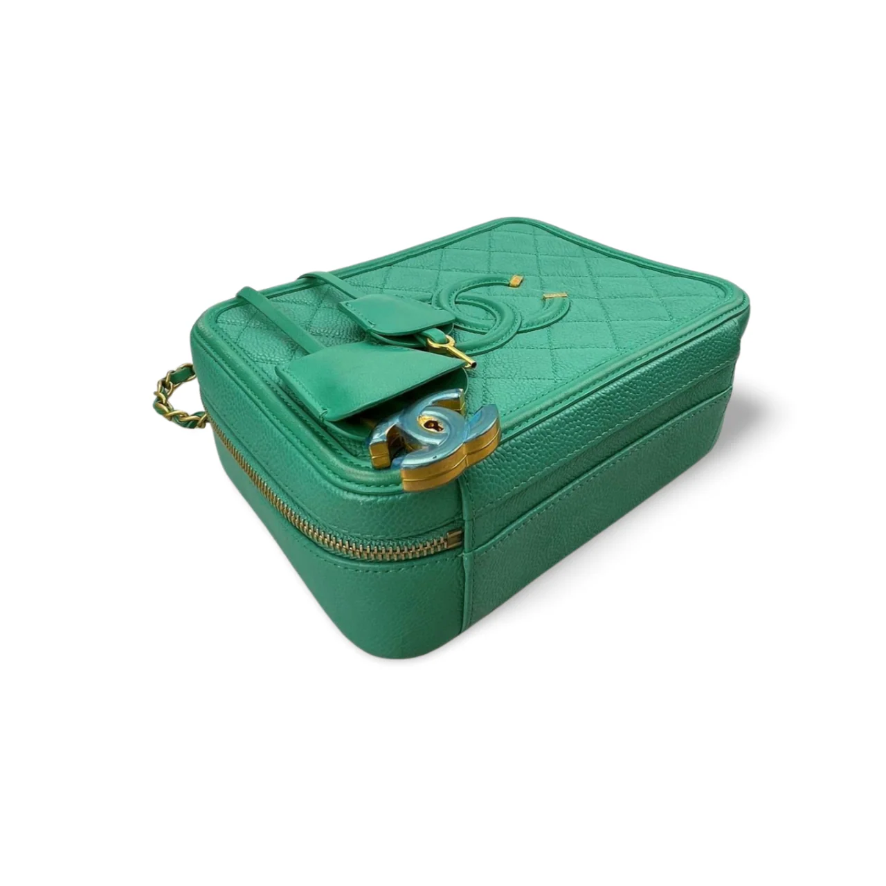 used-Chanel Vanity Case Bag in Caviar Leather Brushed Gold Hardware Mint Green Medium-MILOURA