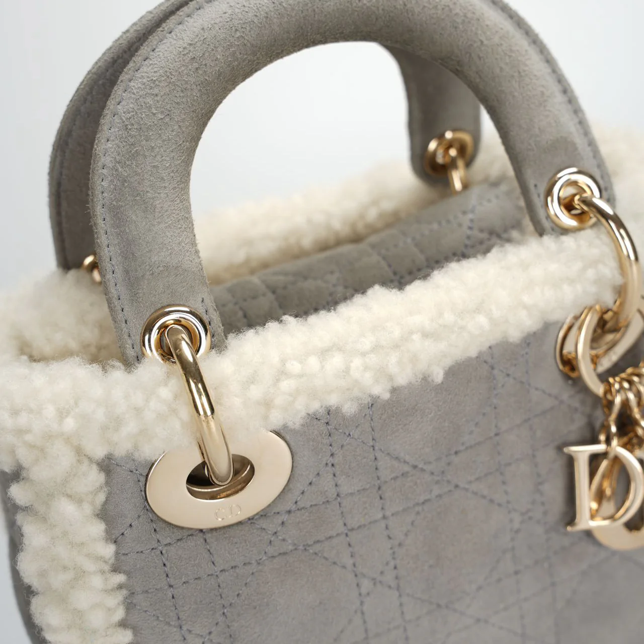 used-Christian Dior Lady Dior Pre-Owned 2020 Mini Suede Shearling Cannage Lady Dior satchel-MILOURA
