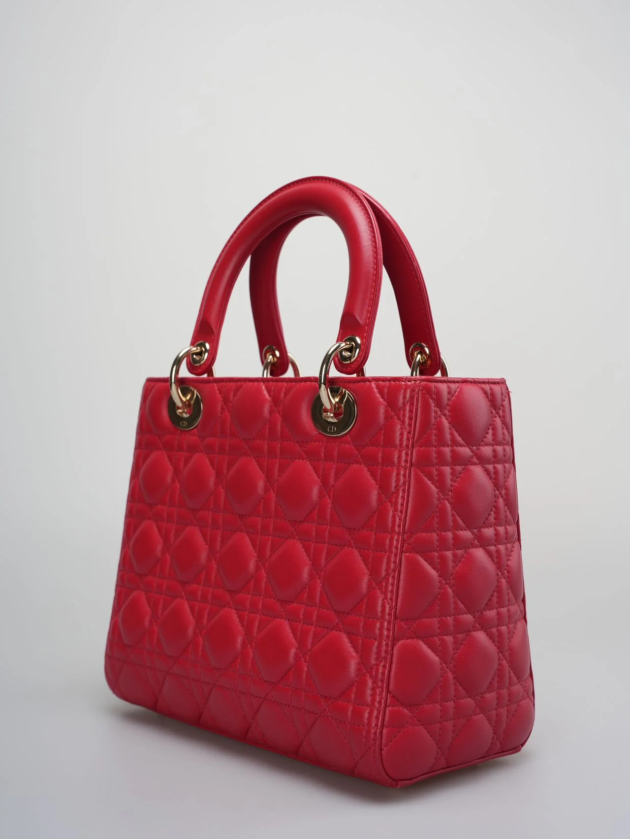 used-Christian Dior Red Medium Lady Dior Bag in Cannage Lambskin Leather with Gold Hardware-MILOURA