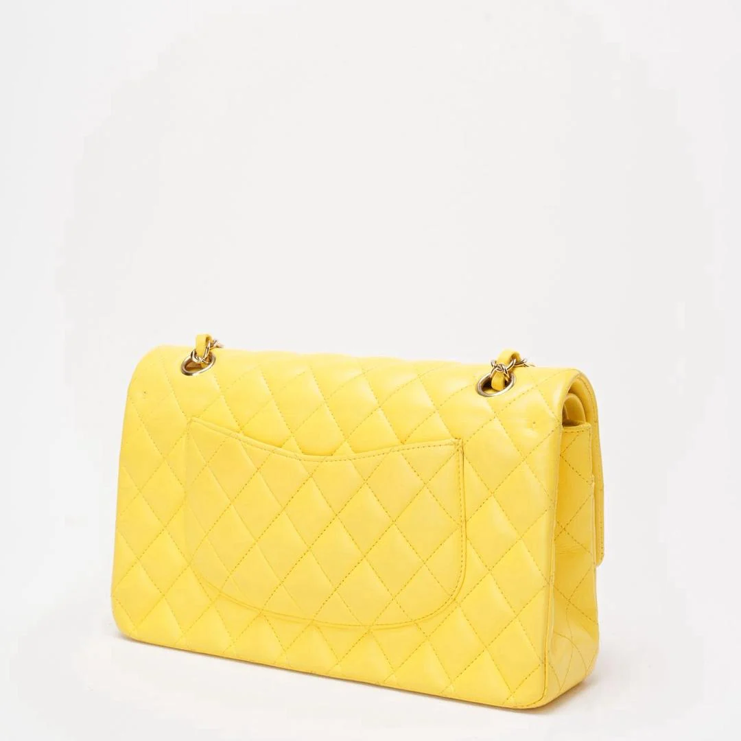 Chanel Yellow Lambskin Quilted Medium Double Flap Gold Hardware
