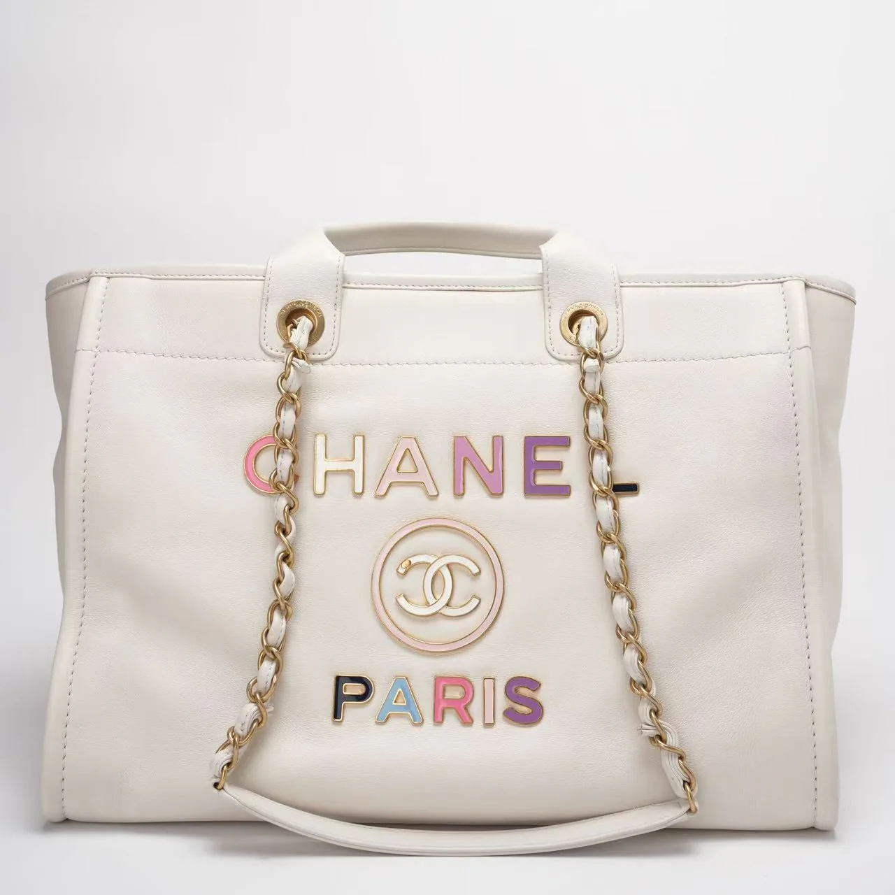 Chanel Deauville Tote Bag With Pouch Enamel White Calfskin Leather Multicolour (2022SS) Limited Edition Front 