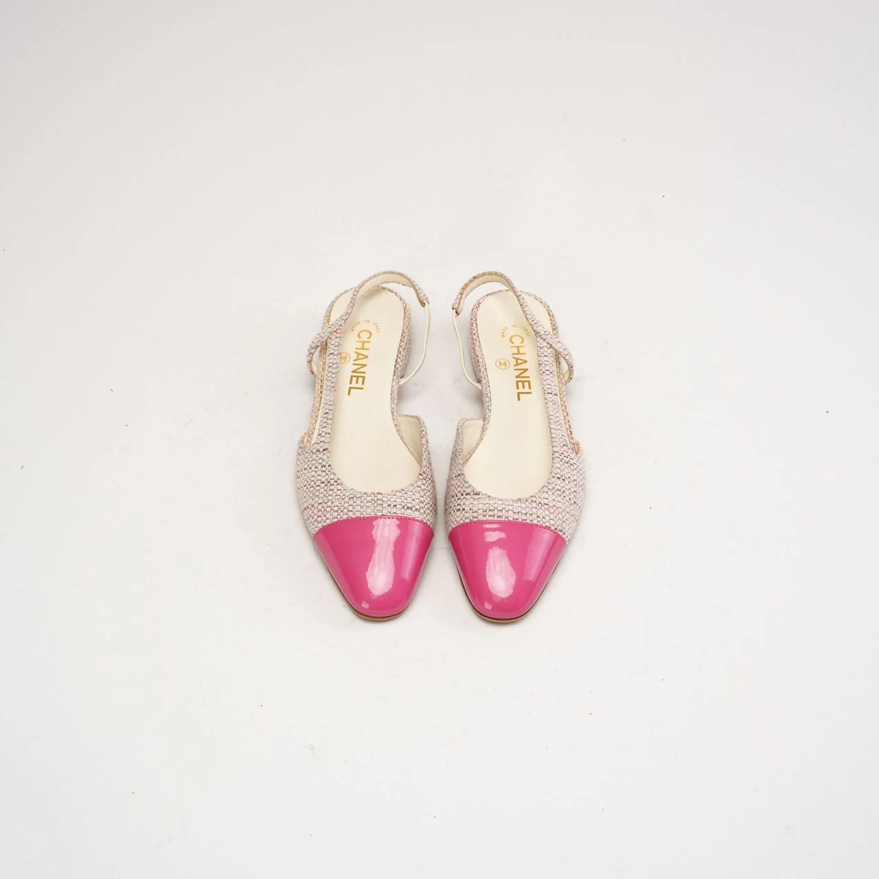 Chanel Pink CC Logo Tweed Leather Slingback Flats Size 38 C