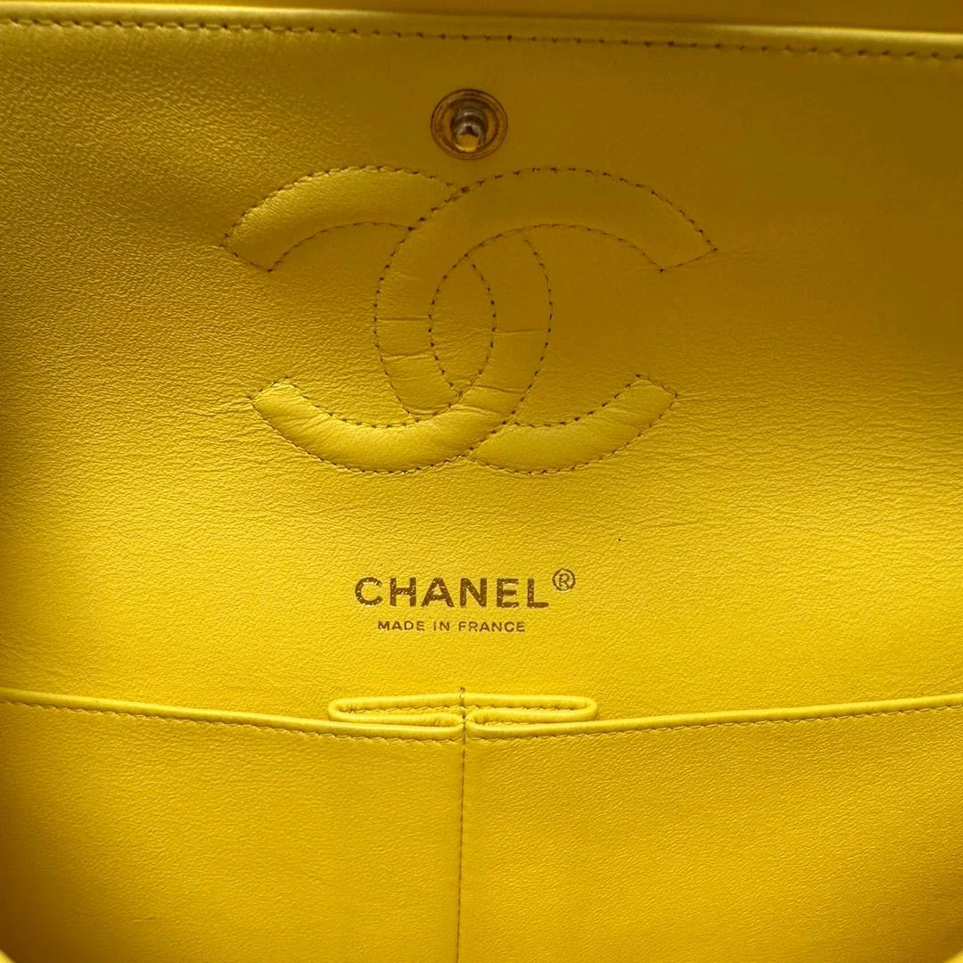 Chanel Yellow Lambskin Quilted Medium Double Flap Gold Hardware