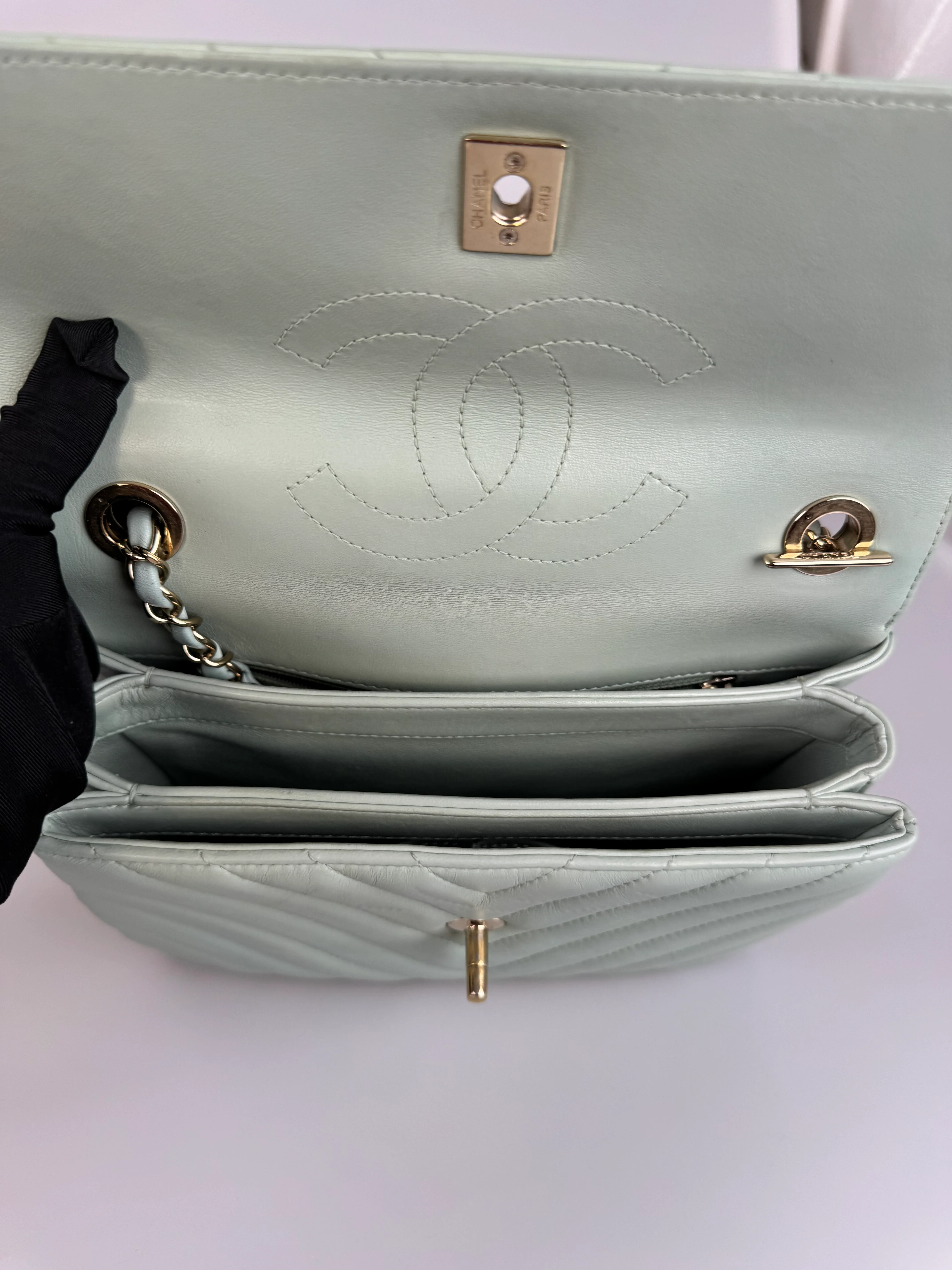 used-CHANEL Lambskin Chevron Quilted Small Trendy CC Dual Handle Flap Bag Light Green-MILOURA