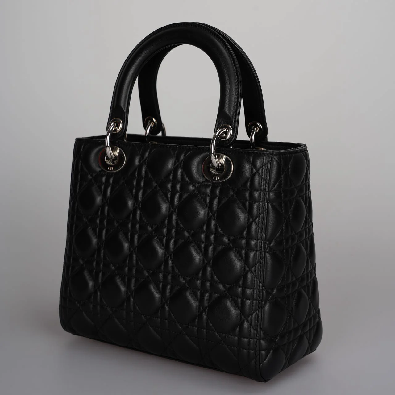 used-Christian Dior Black Medium Lady Dior Bag in Cannage Lambskin Leather with Silver Hardware-MILOURA