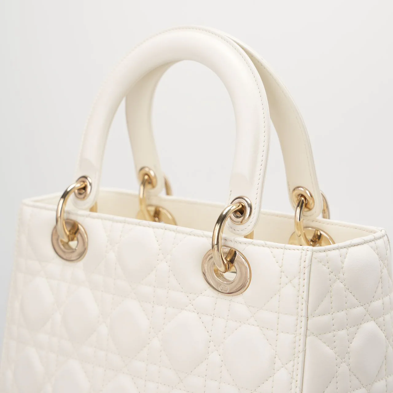 used-Christian Dior White Medium Lady Dior Bag in Cannage Lambskin Leather with Gold Hardware-MILOURA