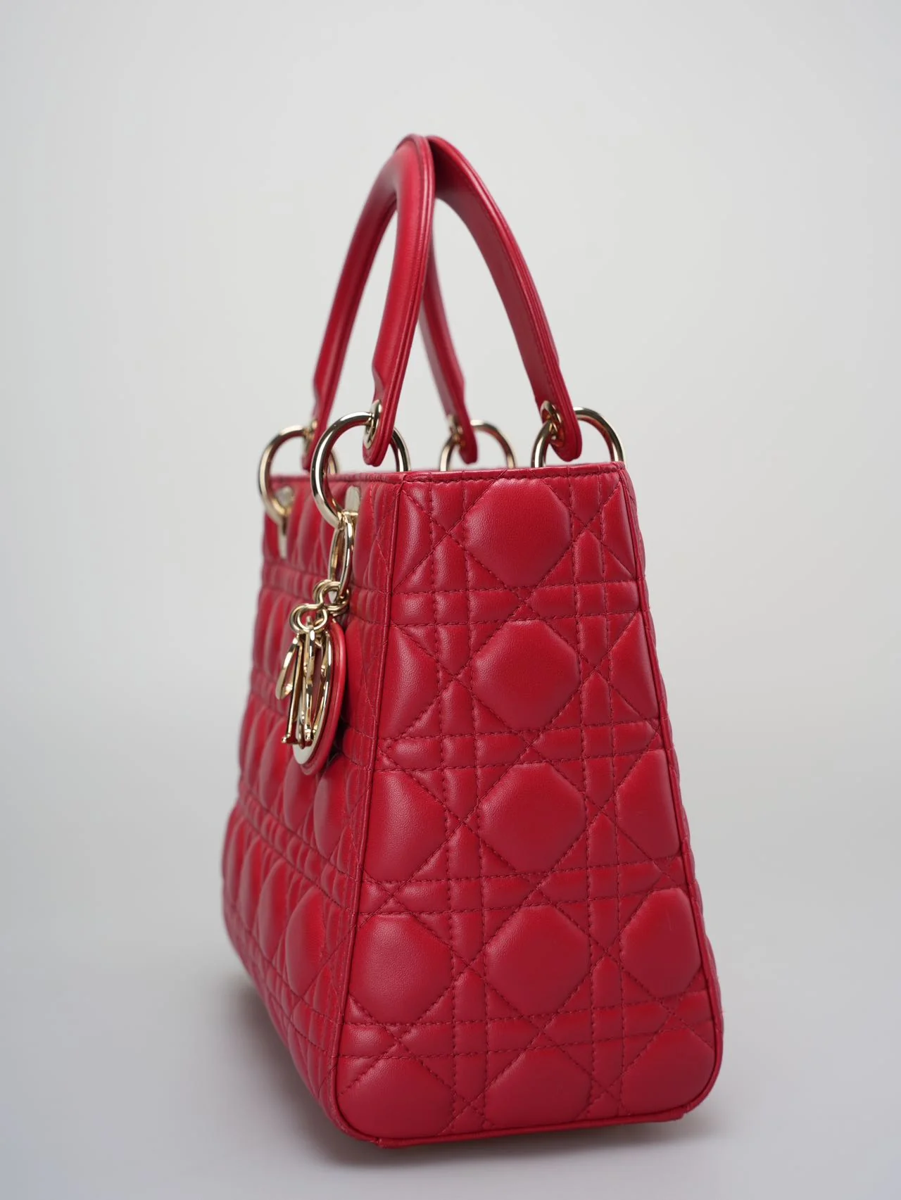 used-Christian Dior Red Medium Lady Dior Bag in Cannage Lambskin Leather with Gold Hardware-MILOURA