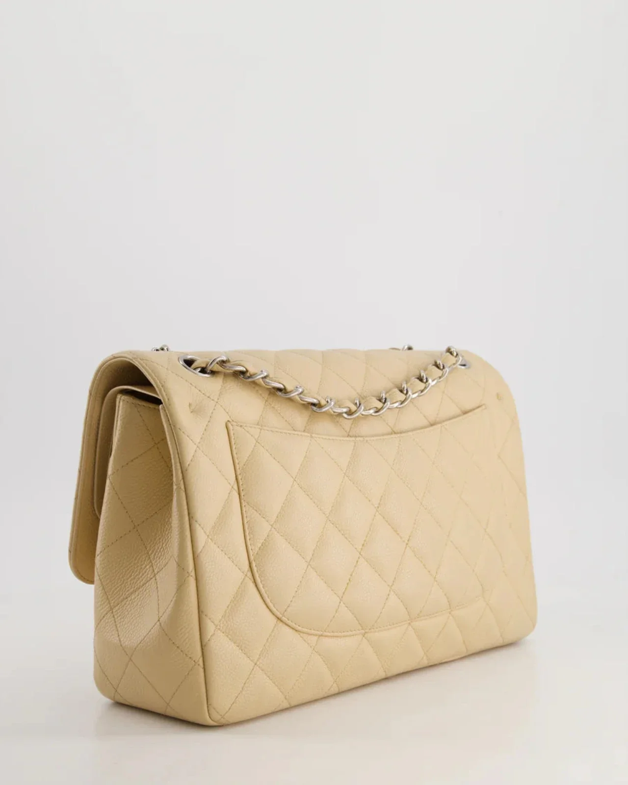 used-Chanel timeless Flap Bag Beige Jumbo size Caviar Leather with Silver Hardware-MILOURA