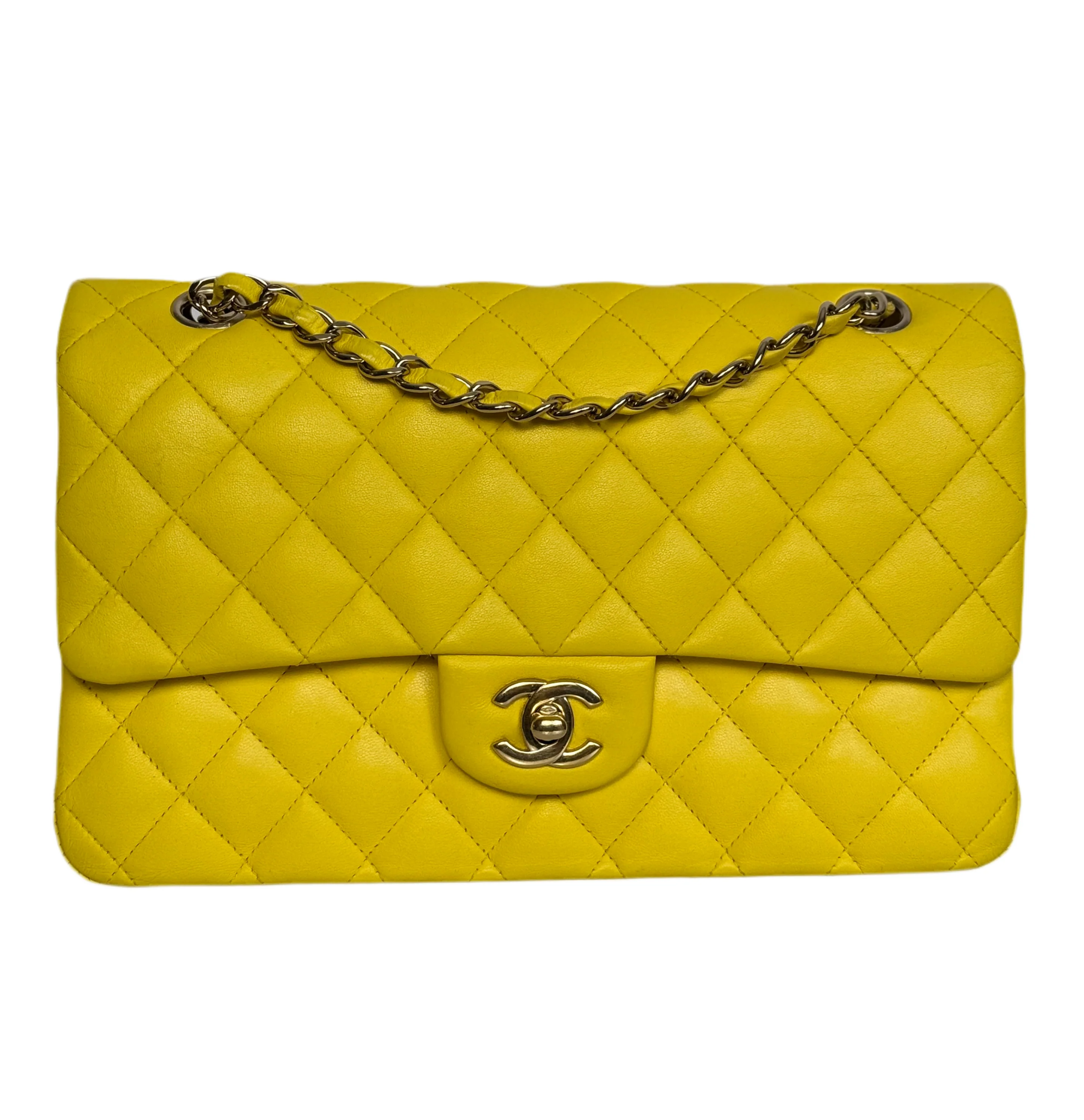 Chanel Yellow Classic Double Flap Bag Medium in Lambskin Leather with Silver Hardware - Best Replica Bag Shop