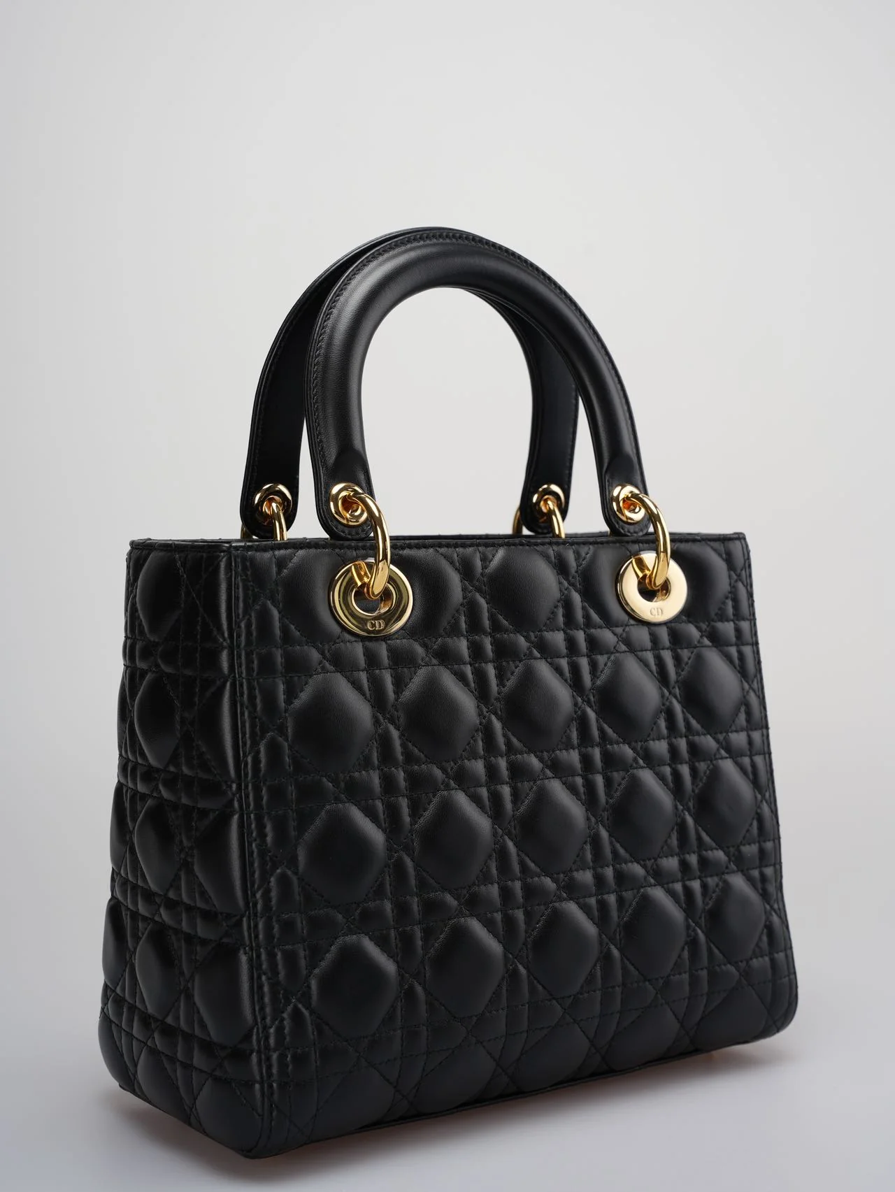 used-Christian Dior Black Lady Dior Bag Medium in Cannage Lambskin Leather with Gold Hardware-MILOURA