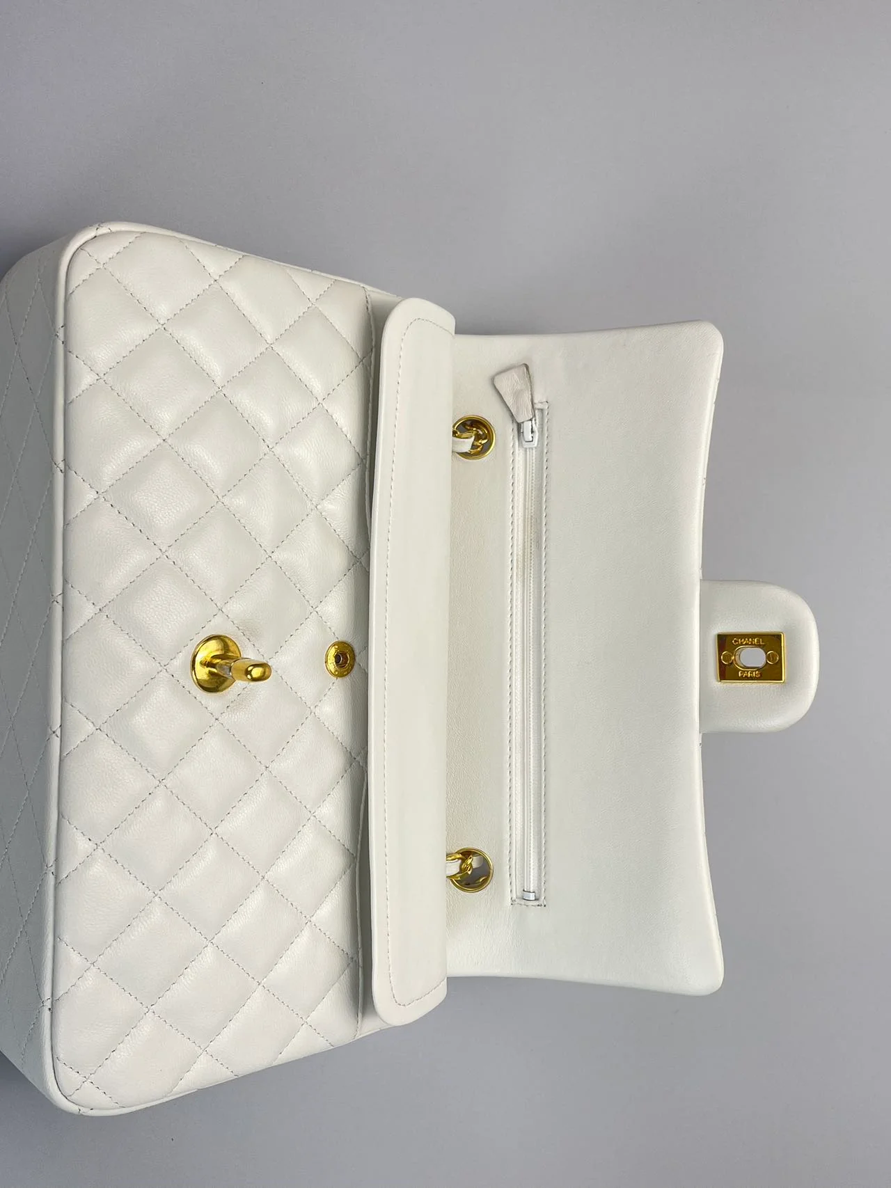 used-Chanel Vinateg White Classic Flap Bag with Gold Hardware-MILOURA