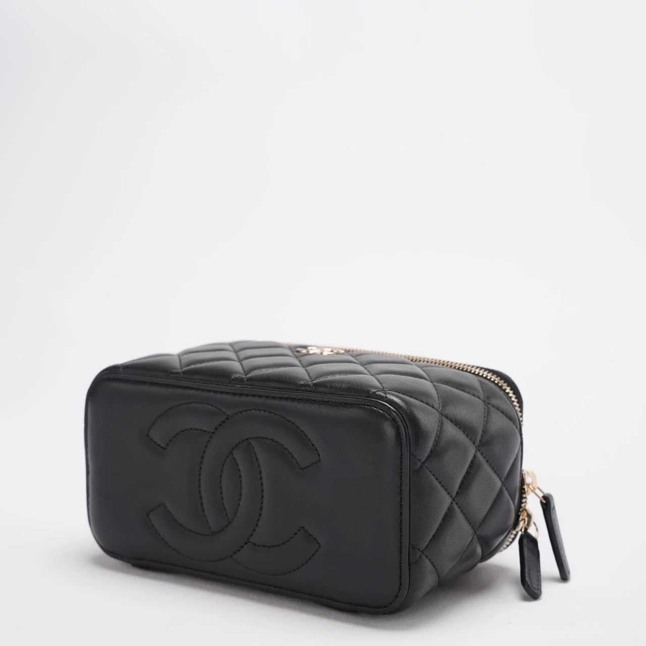 Chanel Vanity Case Bag Black Quilted Lambskin Bag with Gold Hardware Bottom 