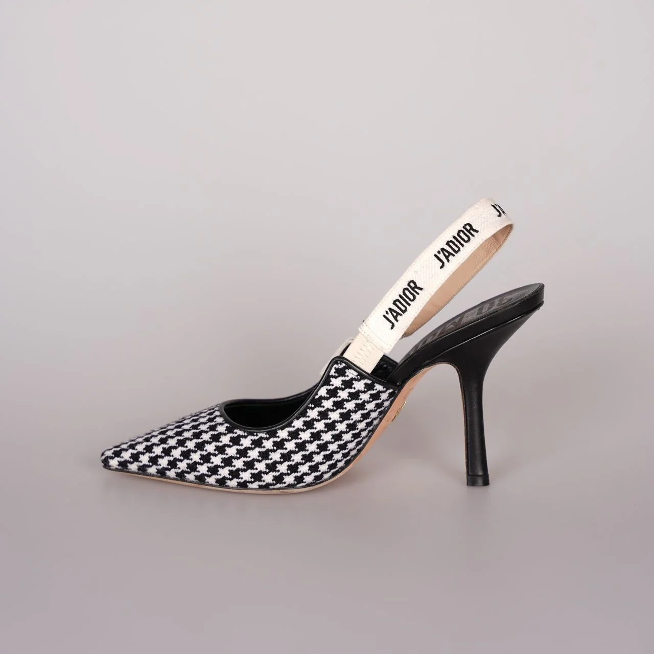 used-Christian Dior Wool Ribbon Houndstooth J'Adior Slingback 8cm Pumps 38D Black White-MILOURA