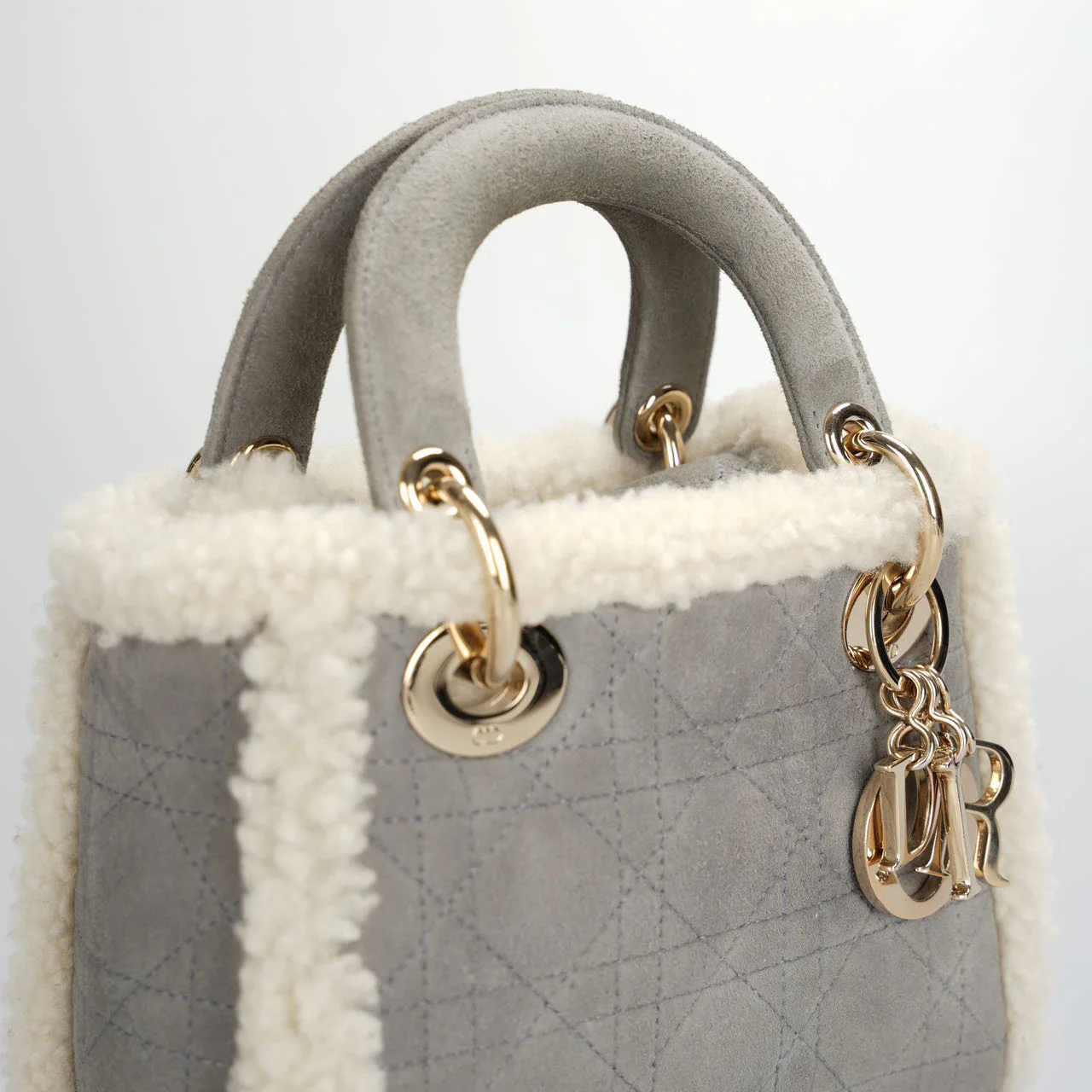 used-Christian Dior Lady Dior Pre-Owned 2020 Mini Suede Shearling Cannage Lady Dior satchel-MILOURA