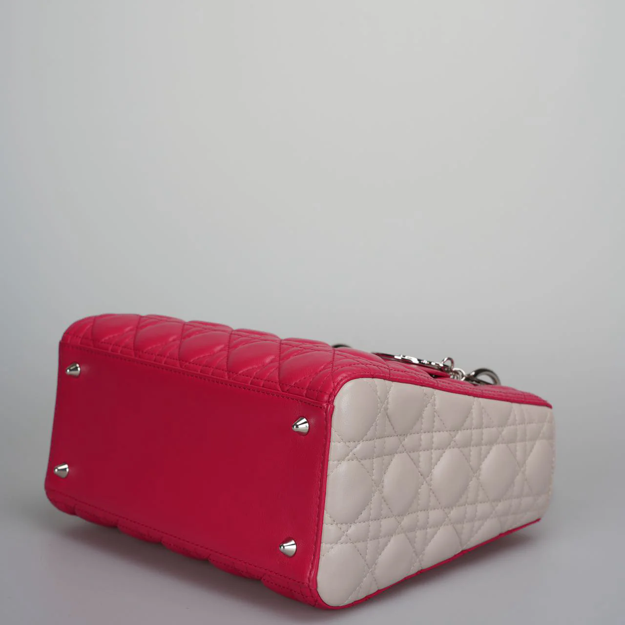 used-Christian Dior Lady Dior Bag Cannage Medium Hand Bag Lamb Skin Red White-MILOURA