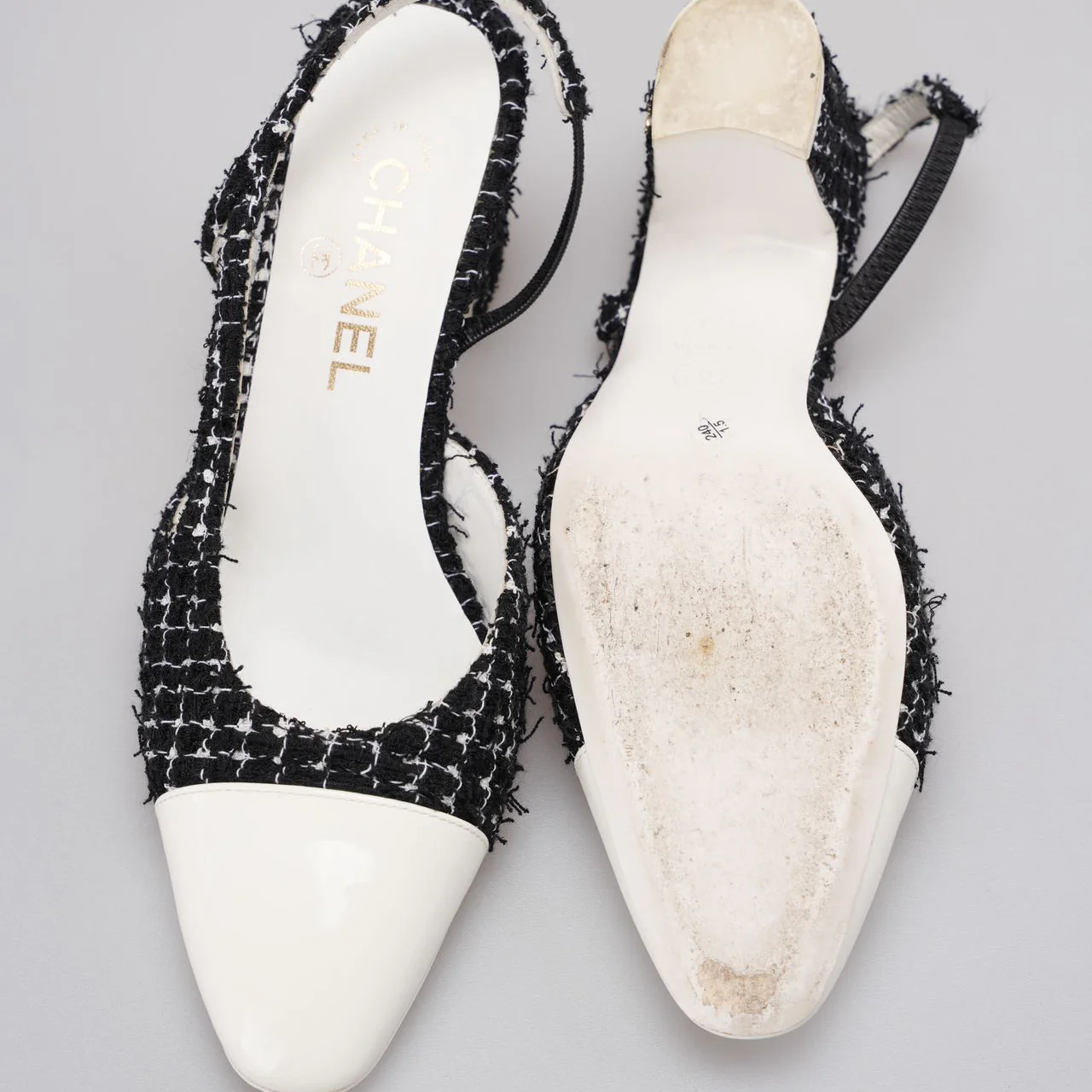 Chanel Black Tweed Slingback Pumps  With White Cap Toe 38.5