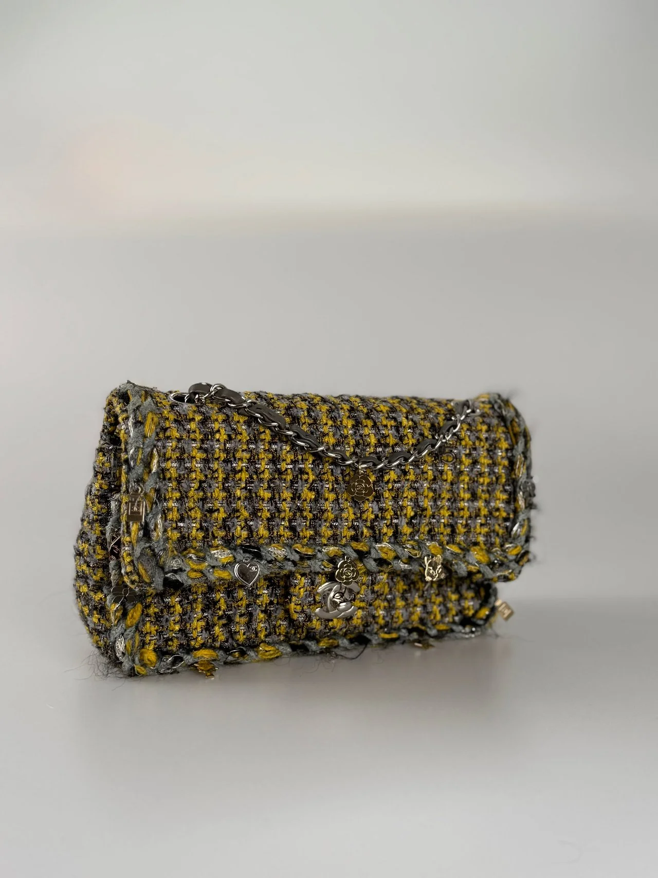 used-Chanel Tweed Braided Charms medium Flap Bag Yellow Grey Black-MILOURA