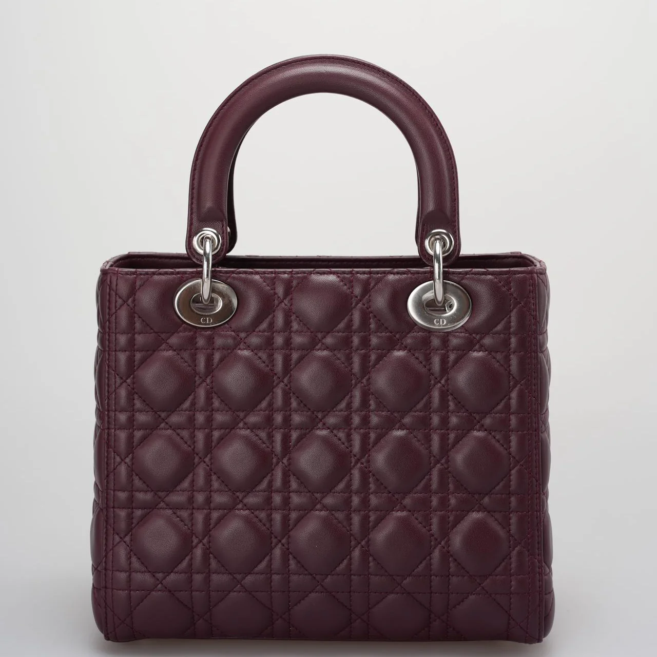 used-Christian Dior Burgundy Lady Dior Bag in Cannage Lambskin Leather with Silver Hardware Medium-MILOURA