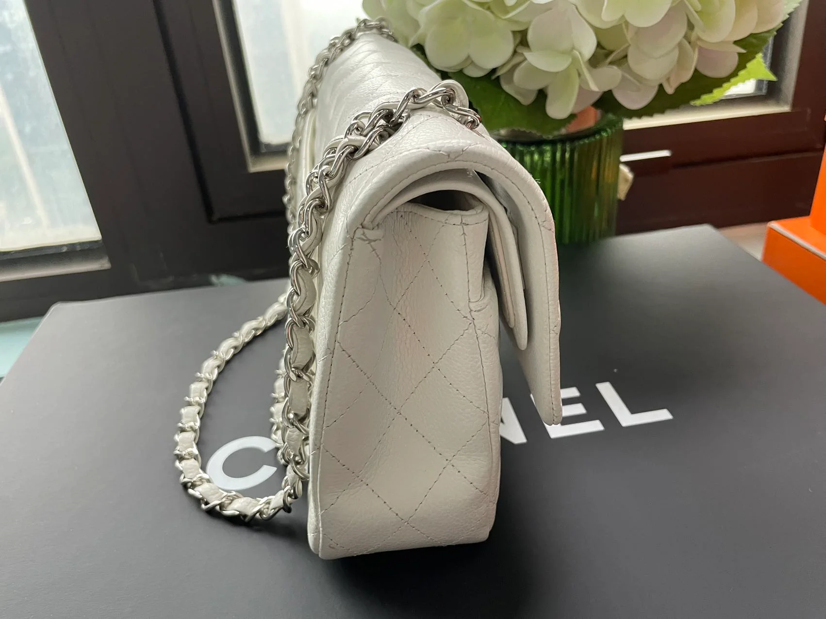 Chanel White Classic Flap Bag in medium Caviar Leather with Silver Hardware