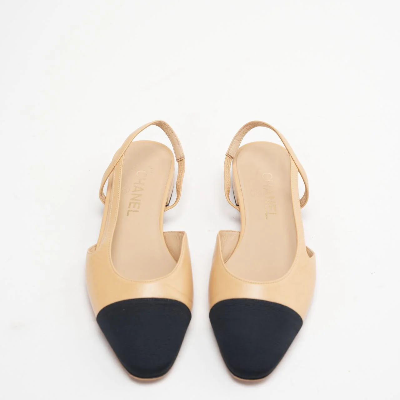 Chanel Beige / Black Slingback Flat Sandals Leather and Canvas Size 38