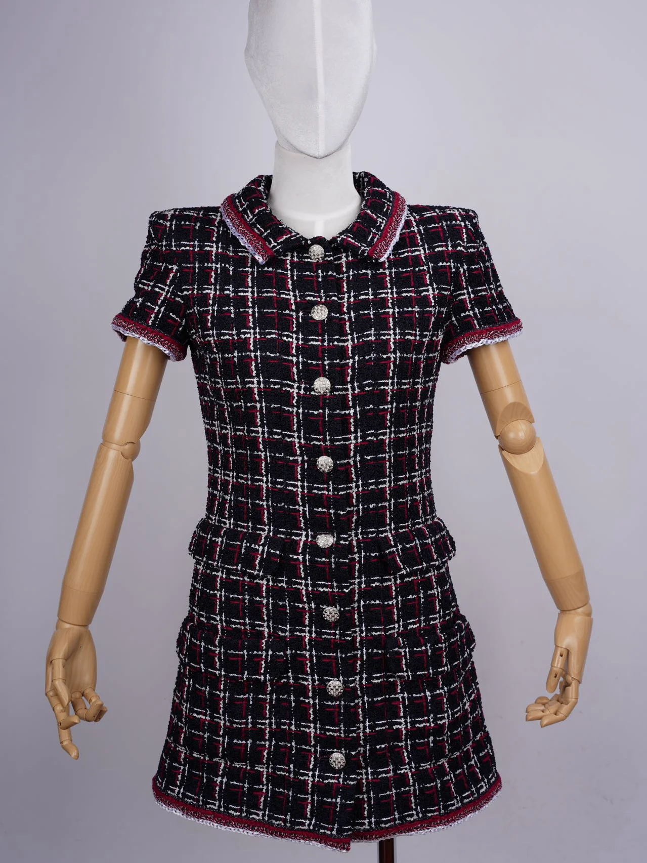 used-Chanel Checkered Tweed Short Sleeve Mini Dress Size 36 in Blue/Red-MILOURA
