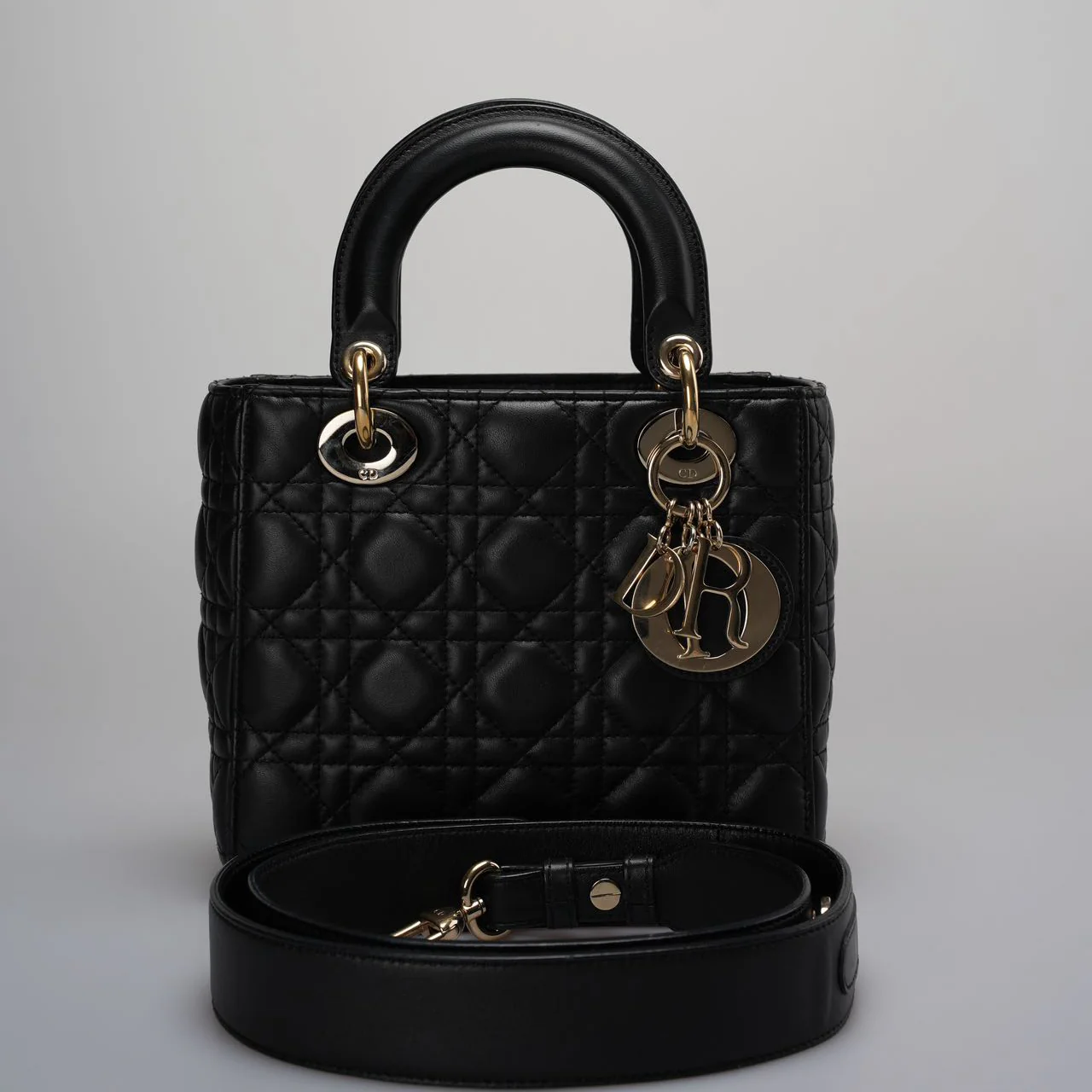 used-Christian Dior Black Small Lady Dior Bag in Cannage Lambskin Leather with Gold Hardware-MILOURA