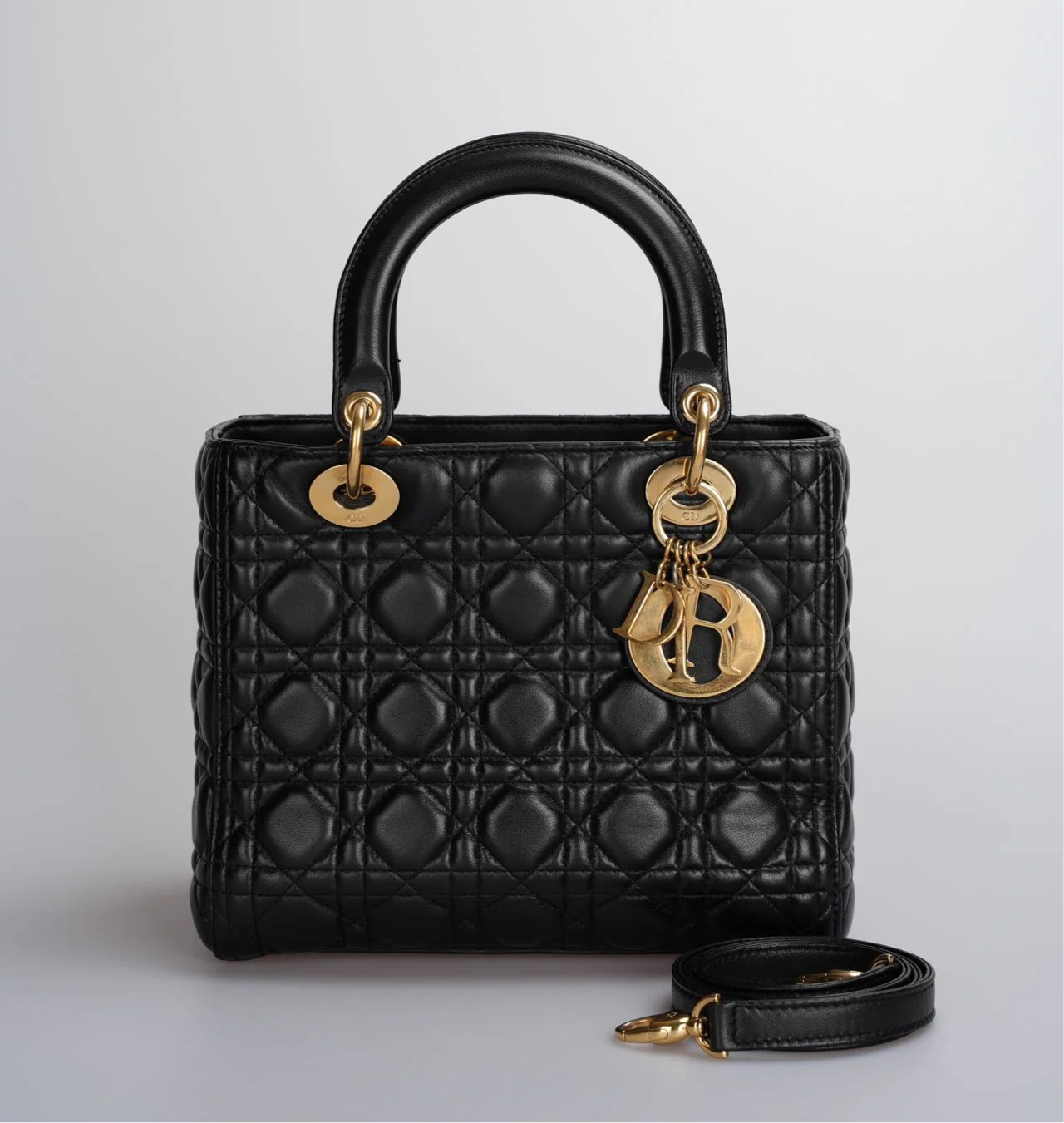 used-Christian Dior Black Medium Lady Dior Bag in Cannage Lambskin Leather with Gold Hardware-MILOURA