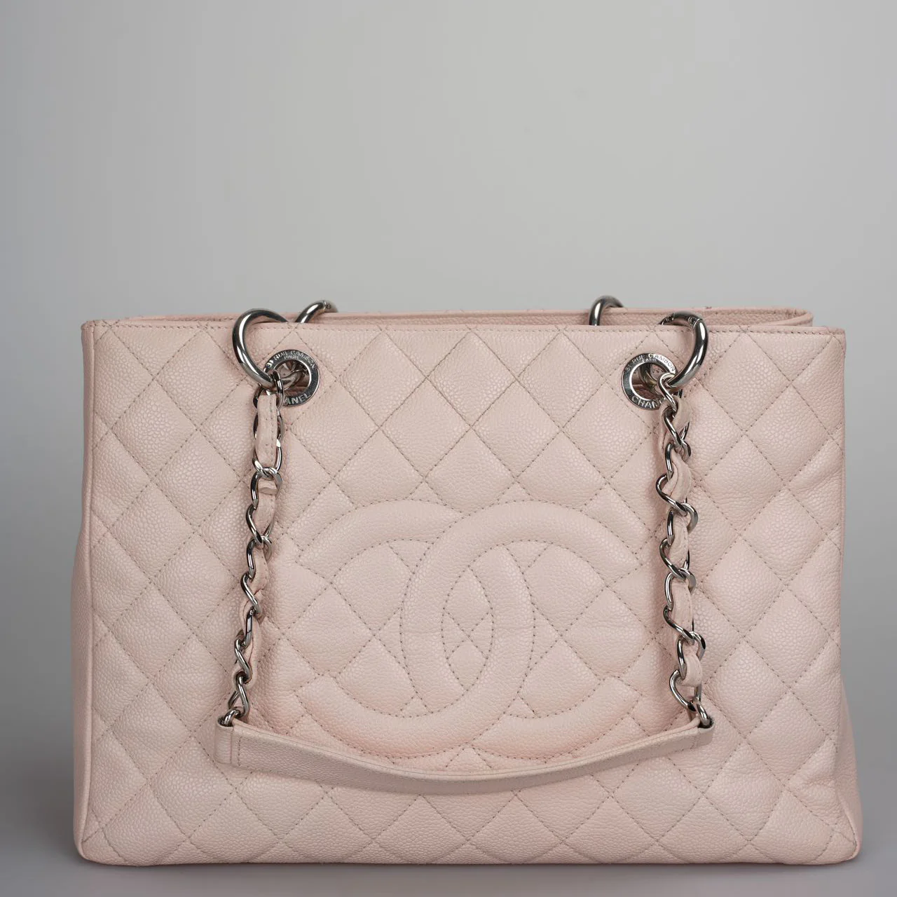 used-Chanel cherry blossom pink Grand Shopping Tote GST Bag in Caviar Leather with Silver Hardware-MILOURA