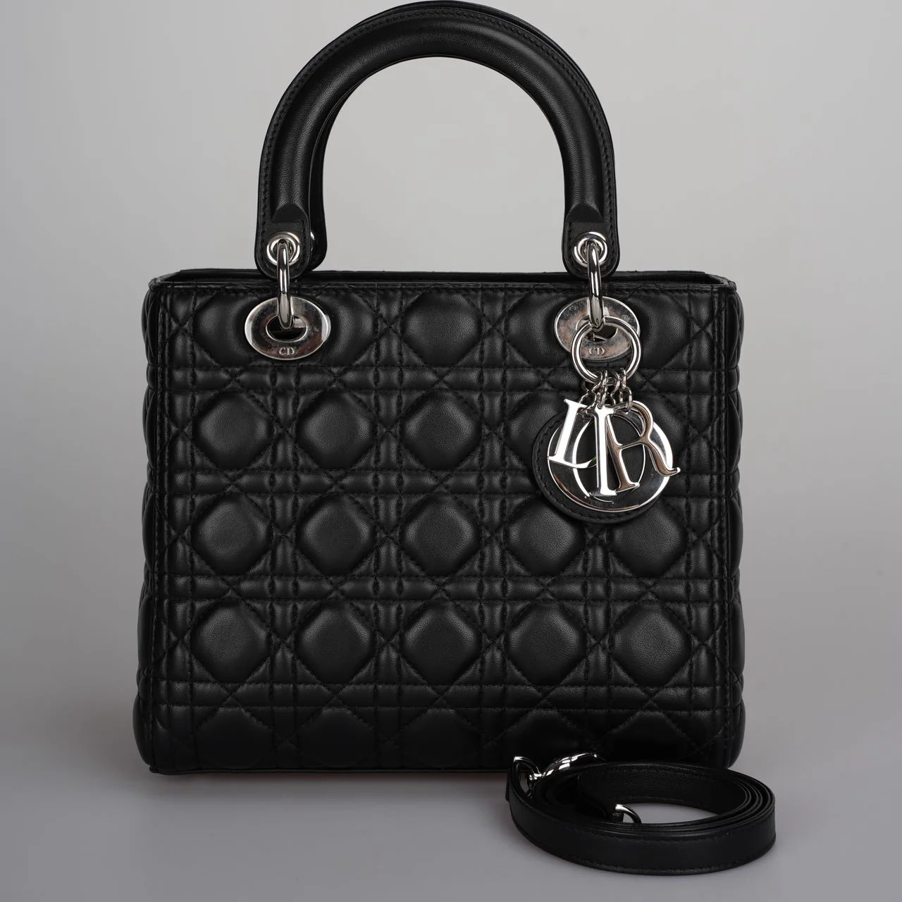used-Christian Dior Black Medium Lady Dior Bag in Cannage Lambskin Leather with Silver Hardware-MILOURA