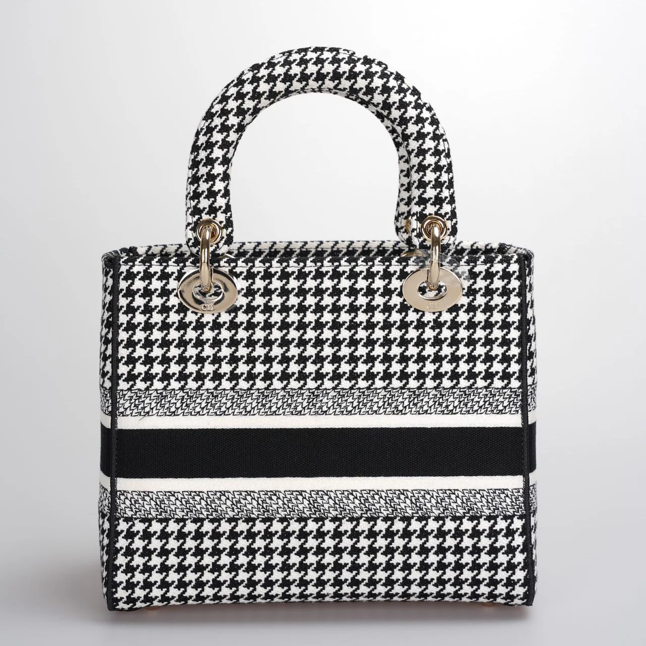 used-Christian Dior Black White Houndstooth Canvas Medium Lady D-Lite bag-MILOURA